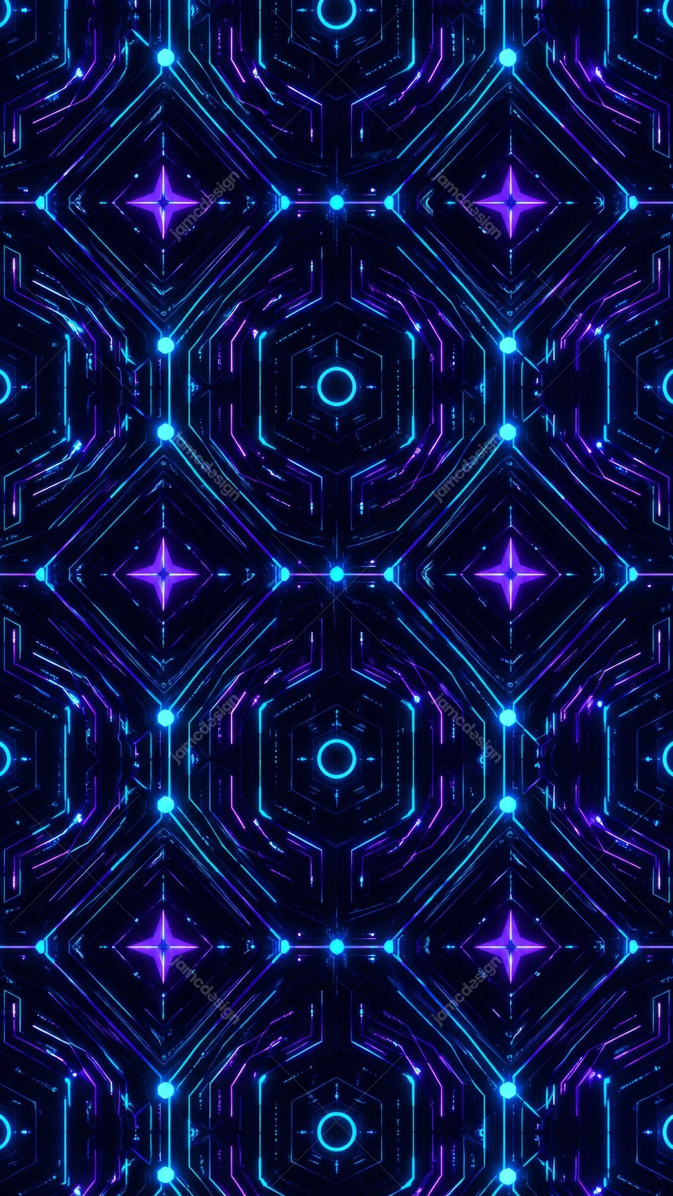 Textura Tecnológica Futurista De Neón Azul Y Morado. Patrón geométrico de neón suministrado en formato JPG, con líneas de circuitos cian y moradas repetidas