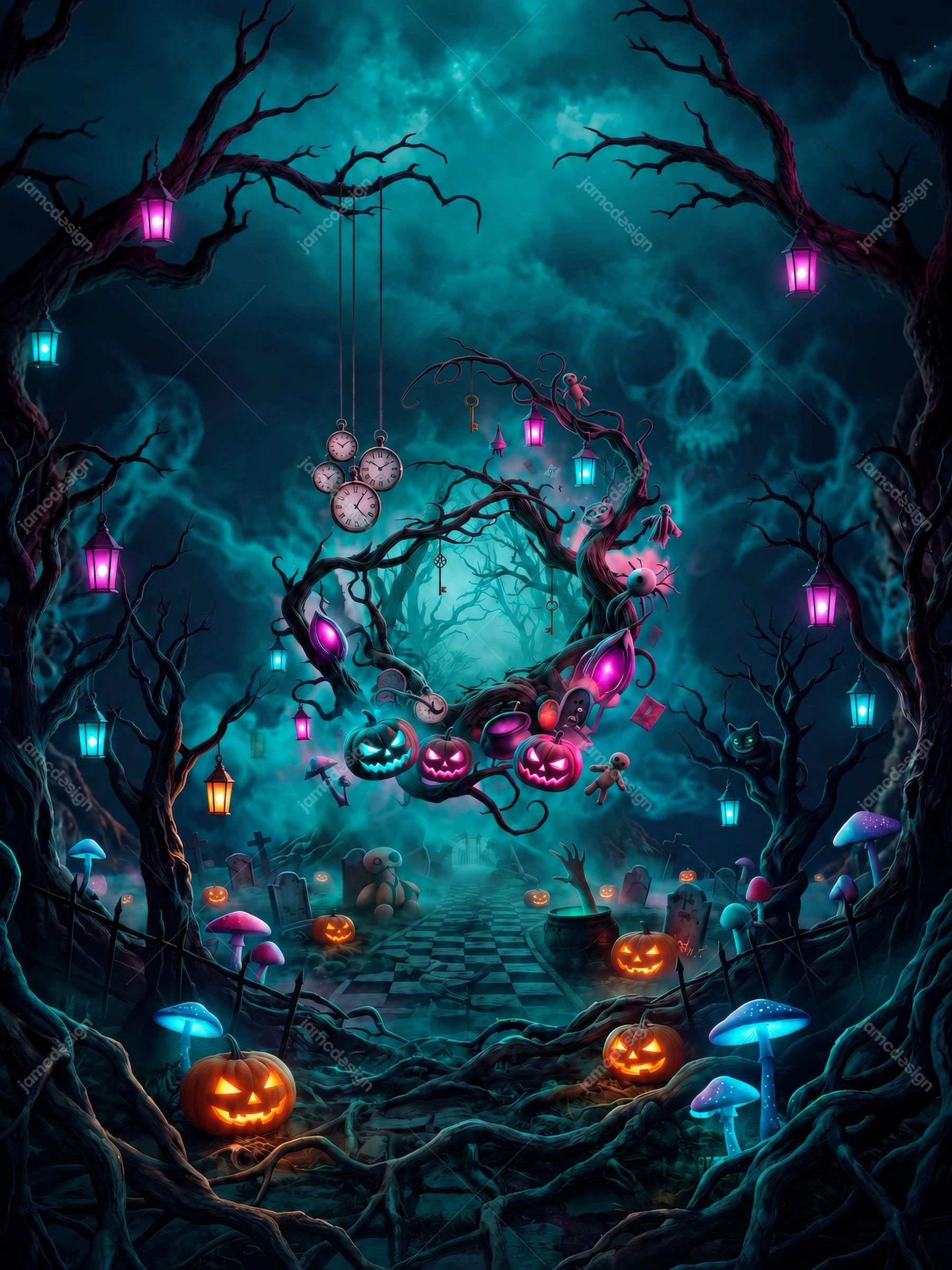 Haunted Forest Portal Halloween Background. Download this JPG background showing a haunted forest portal framed by twisted trees, glowing lanterns