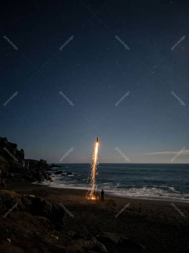 New Year Firework Launch Over A Dark Ocean