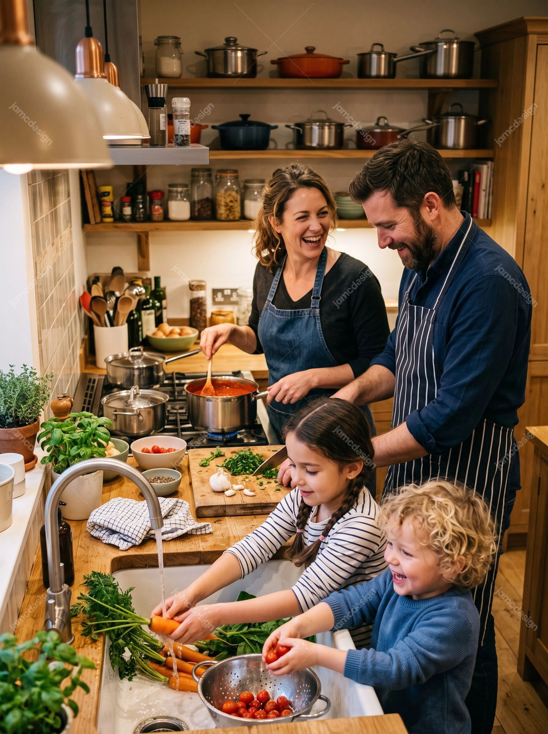 Une Famille Prépare Le Dîner Ensemble Dans Une Cuisine. Cette photo JPG montre une famille cuisinant ensemble dans une cuisine chaleureuse