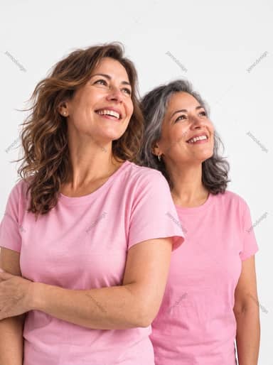 Two Women Smiling In Pink T-Shirts