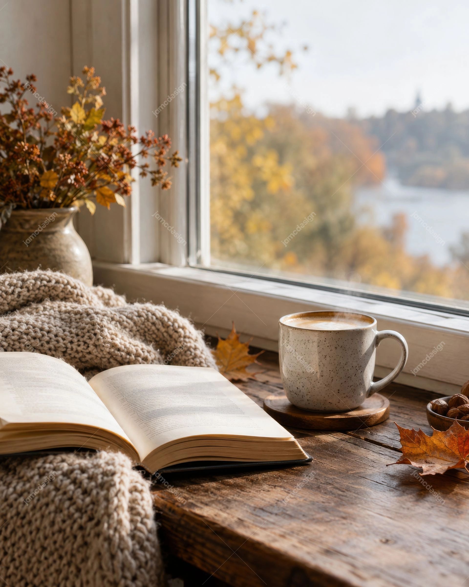 Lecture Douillette D’Automne Près D’Une Fenêtre. Téléchargez cette photo JPG représentant un livre ouvert et une tasse de café près d’une fenêtre