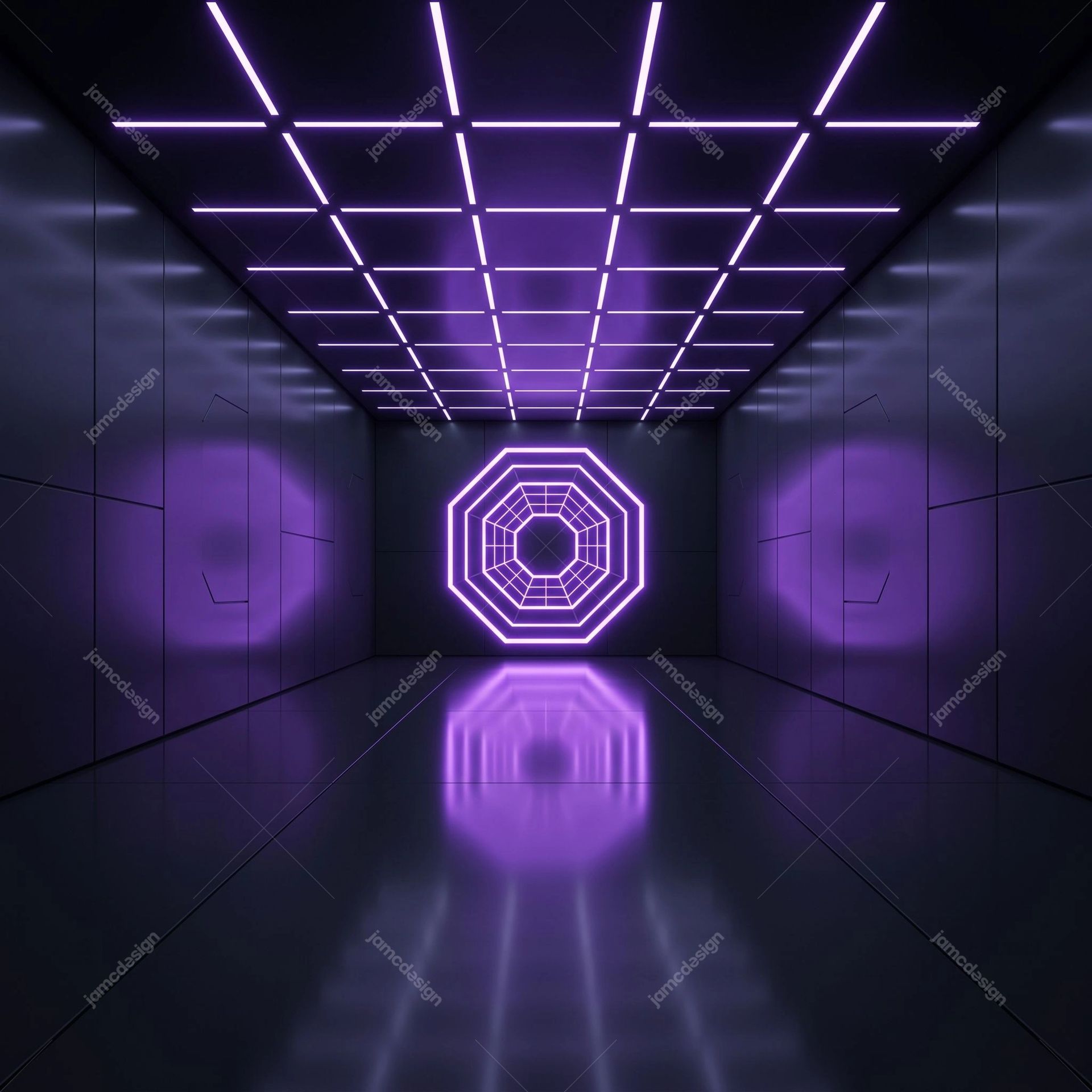 Reflective Purple Neon Sci-Fi Corridor Background. Download this JPG background featuring a dark futuristic corridor with a glowing purple octagonal portal