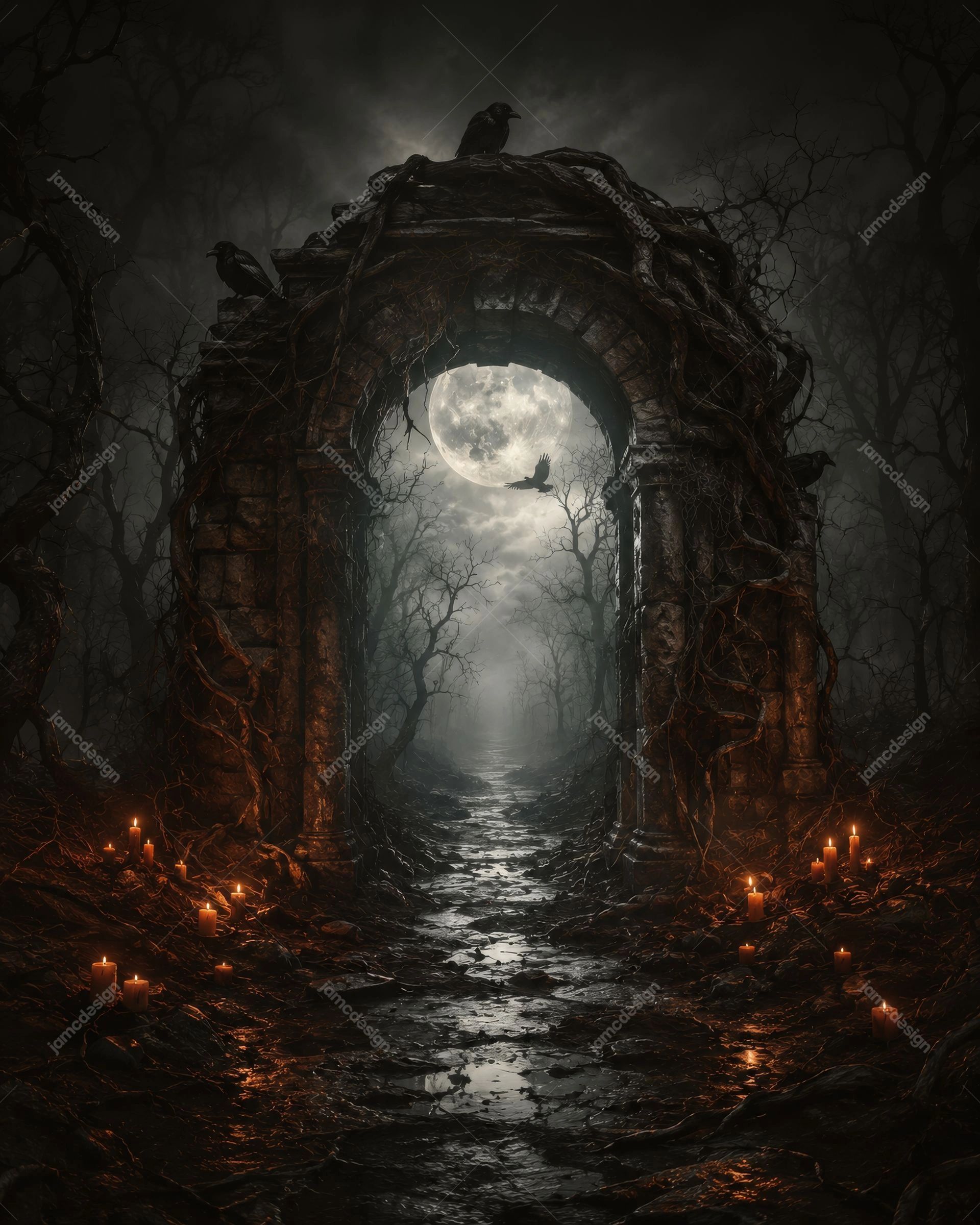 Ancient Gothic Portal Full Moon Halloween Background. JPG background showing a gothic stone archway framing a full moon over a foggy forest path
