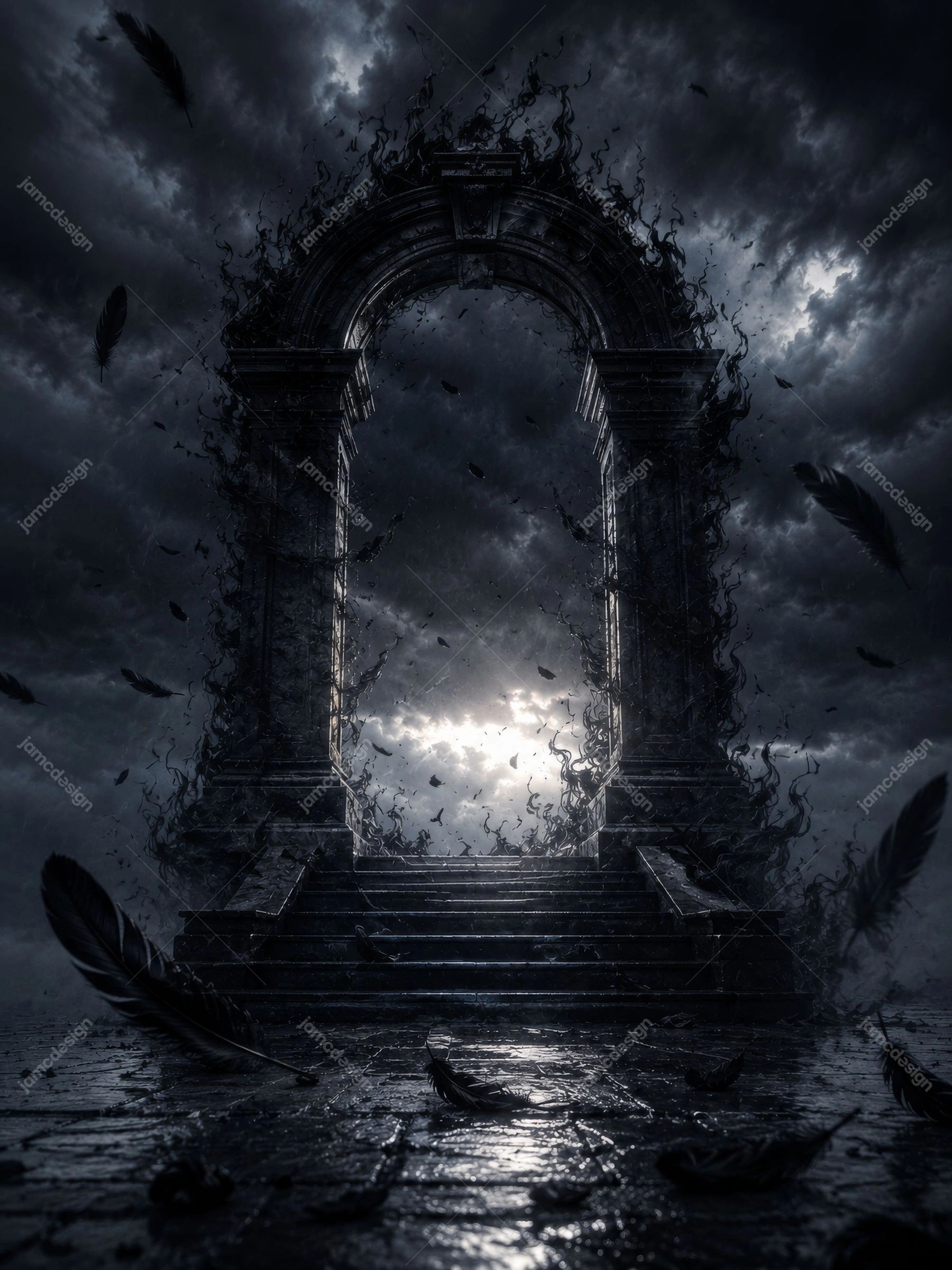 Stormy Gothic Portal Halloween Moonlit Stone Arch Background. JPG background featuring a monumental stone archway and steps beneath storm clouds