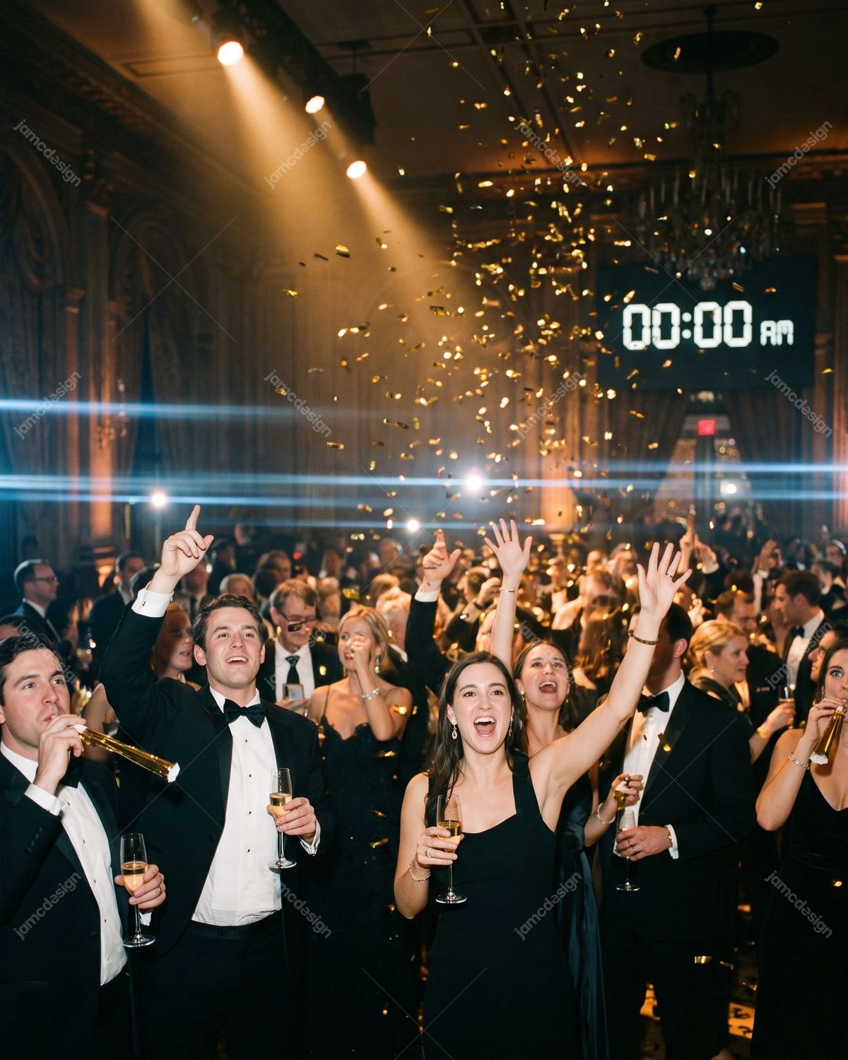 New Year Party Crowd Celebrating At Midnight