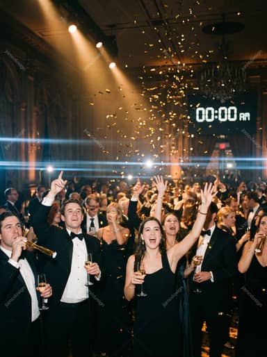 New Year Party Crowd Celebrating At Midnight
