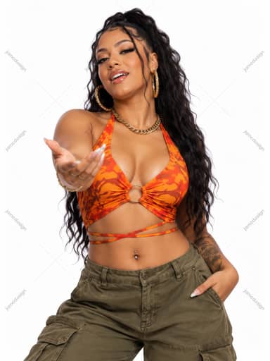 Woman In Orange Halter Top And Cargo Pants Photo PNG