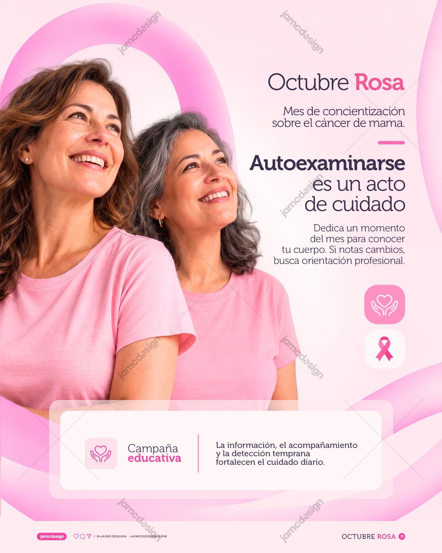 Breast Self-Exam Awareness Social Media Template PSD. This editable PSD social media template features two smiling women in pink shirts