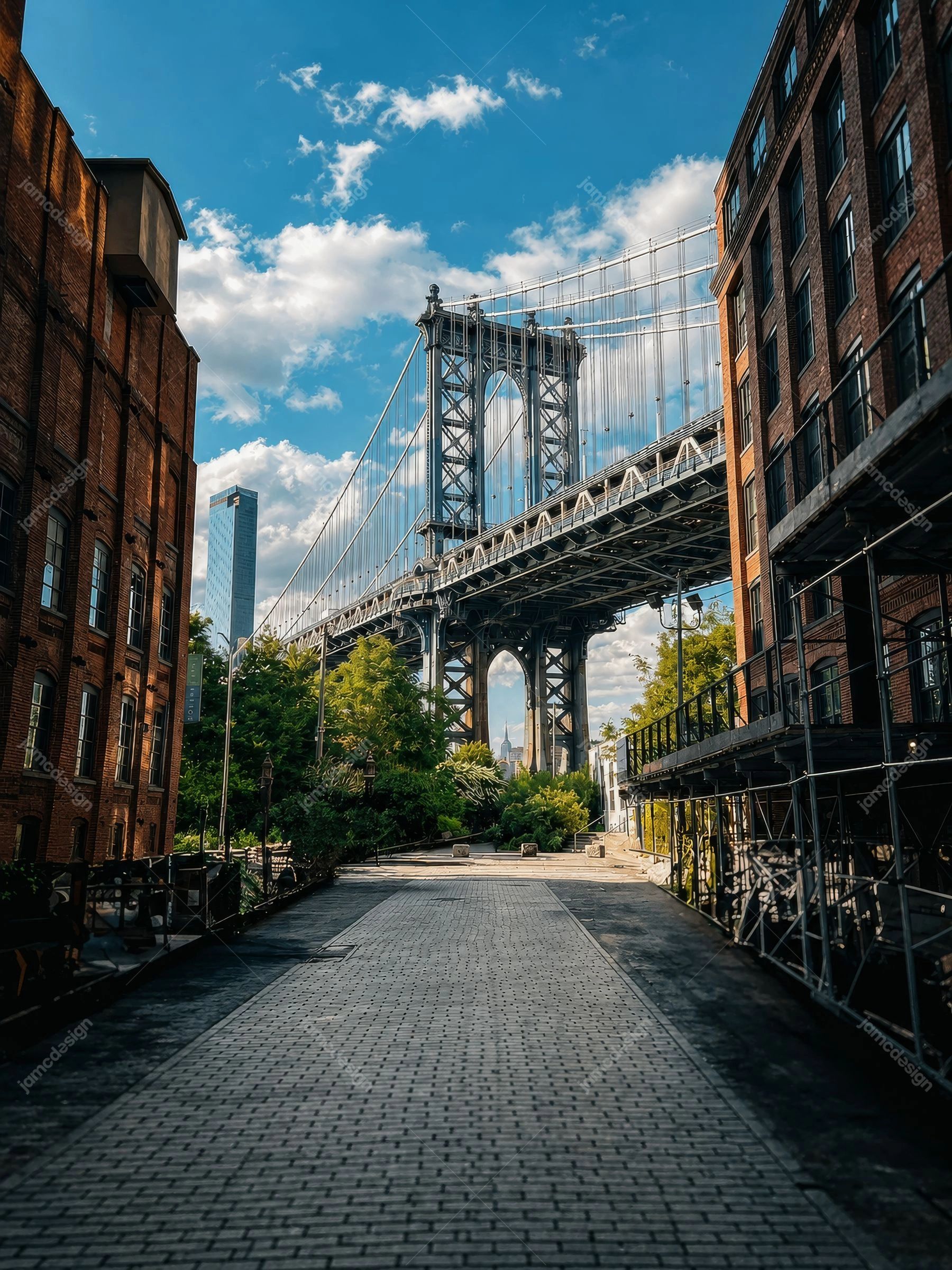 Manhattan Bridge Urban Street Brick Canyon Background Photo JPG. JPG background photo of a steel suspension bridge framed by brick buildings and a paved city