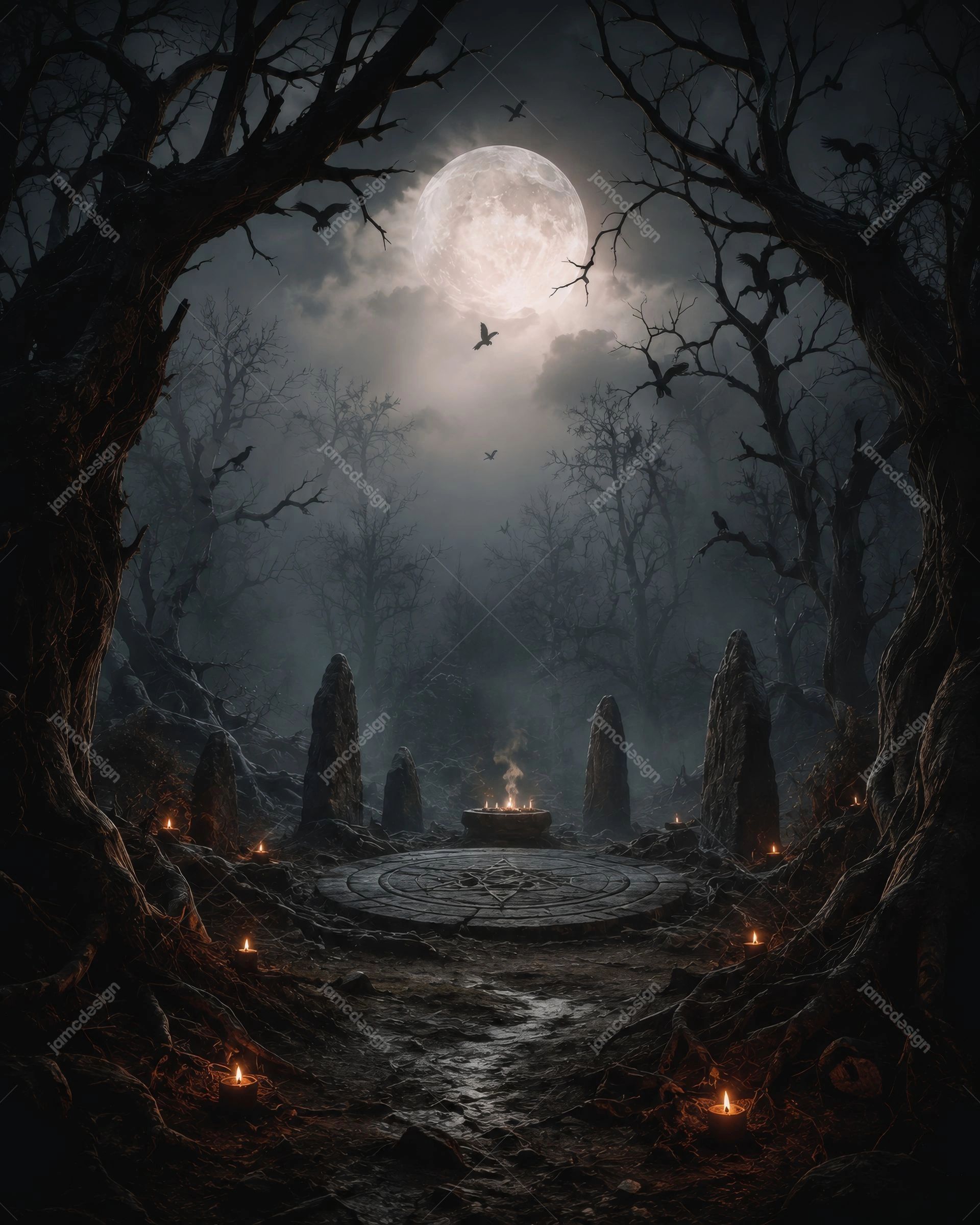 Dark Ritual Circle Full Moon Halloween Background. Dark forest background in JPG format, showing a full moon above twisted trees, misty woodland