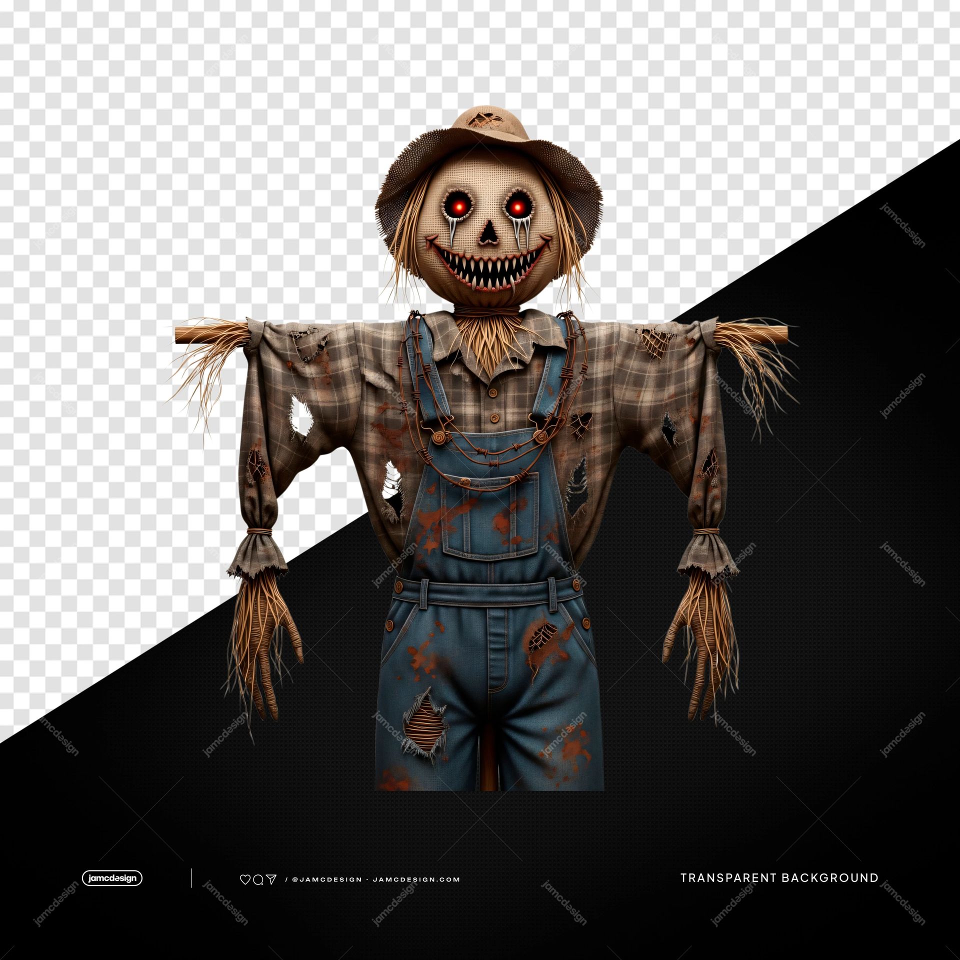 Friendly Scarecrow In Denim Overalls Horror Scarecrow PNG Transparent. This PNG transparent object shows a grinning scarecrow in denim overalls and a patched