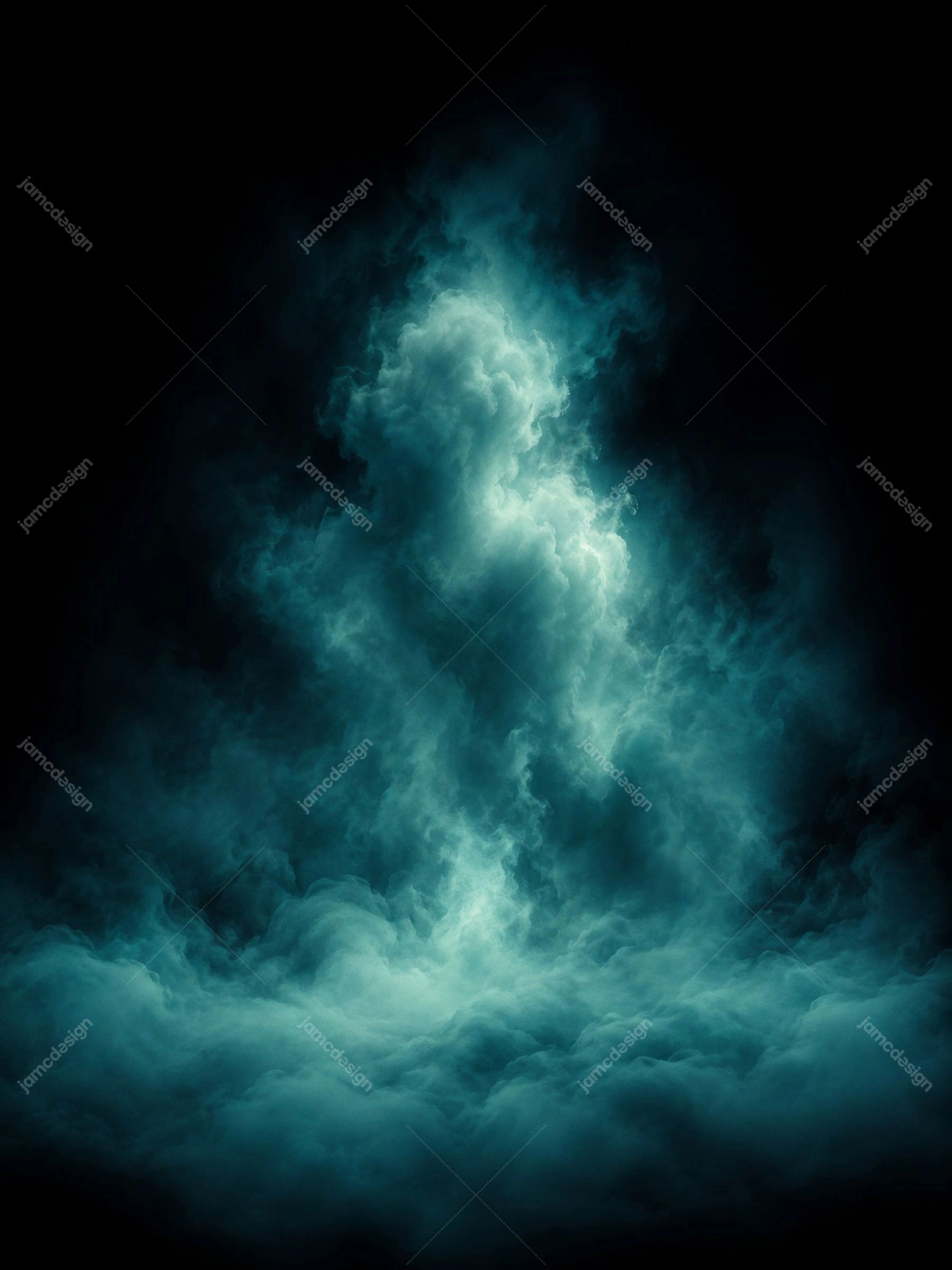 Teal Smoke Clouds With Dark Copy Space Vertical Teal Plume. JPG overlay texture showing billowing teal smoke illuminated against a nearly black background