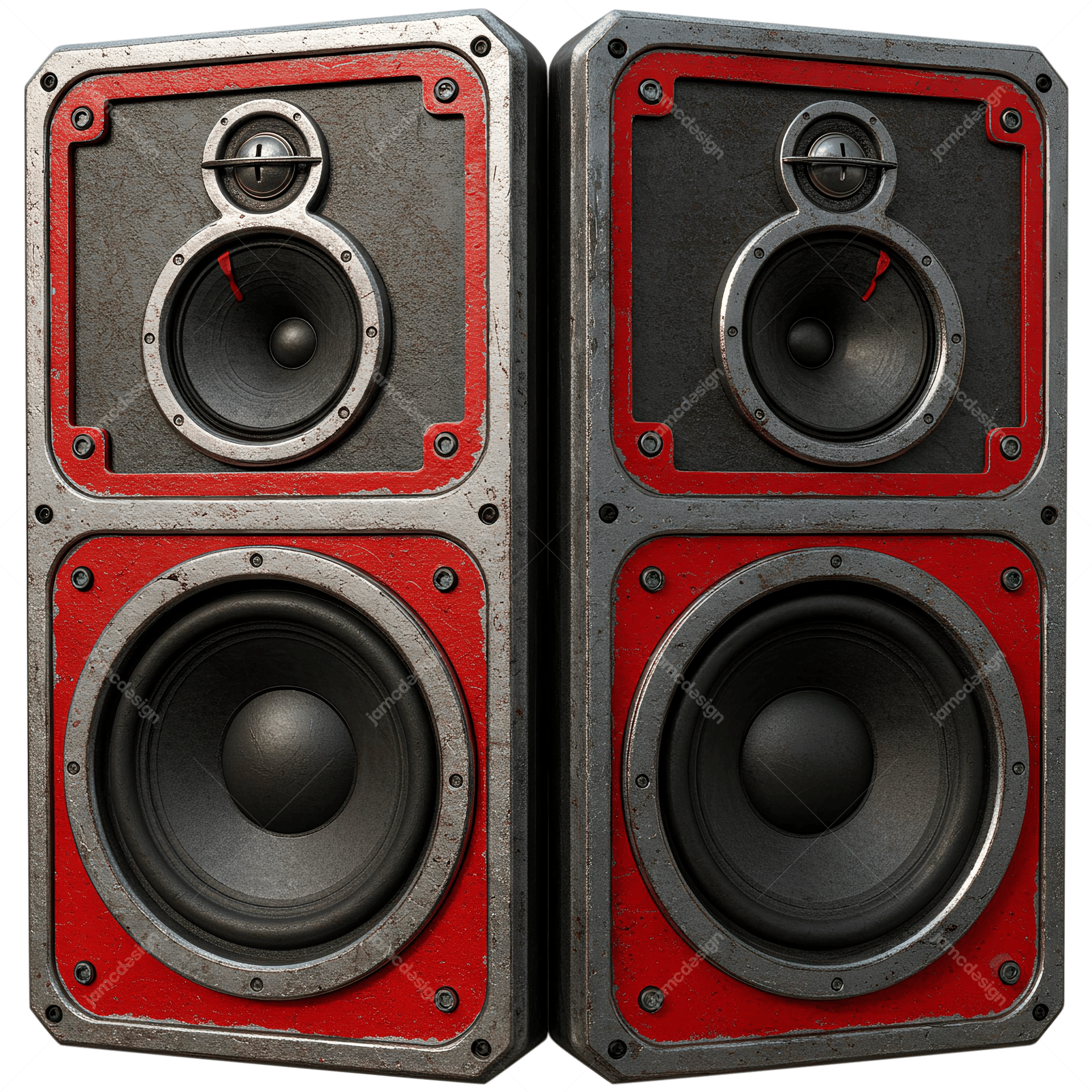Red And Black Vintage Speaker Pair Red Black Speakers PNG Transparent. Transparent object PNG featuring a pair of red and black vintage speakers