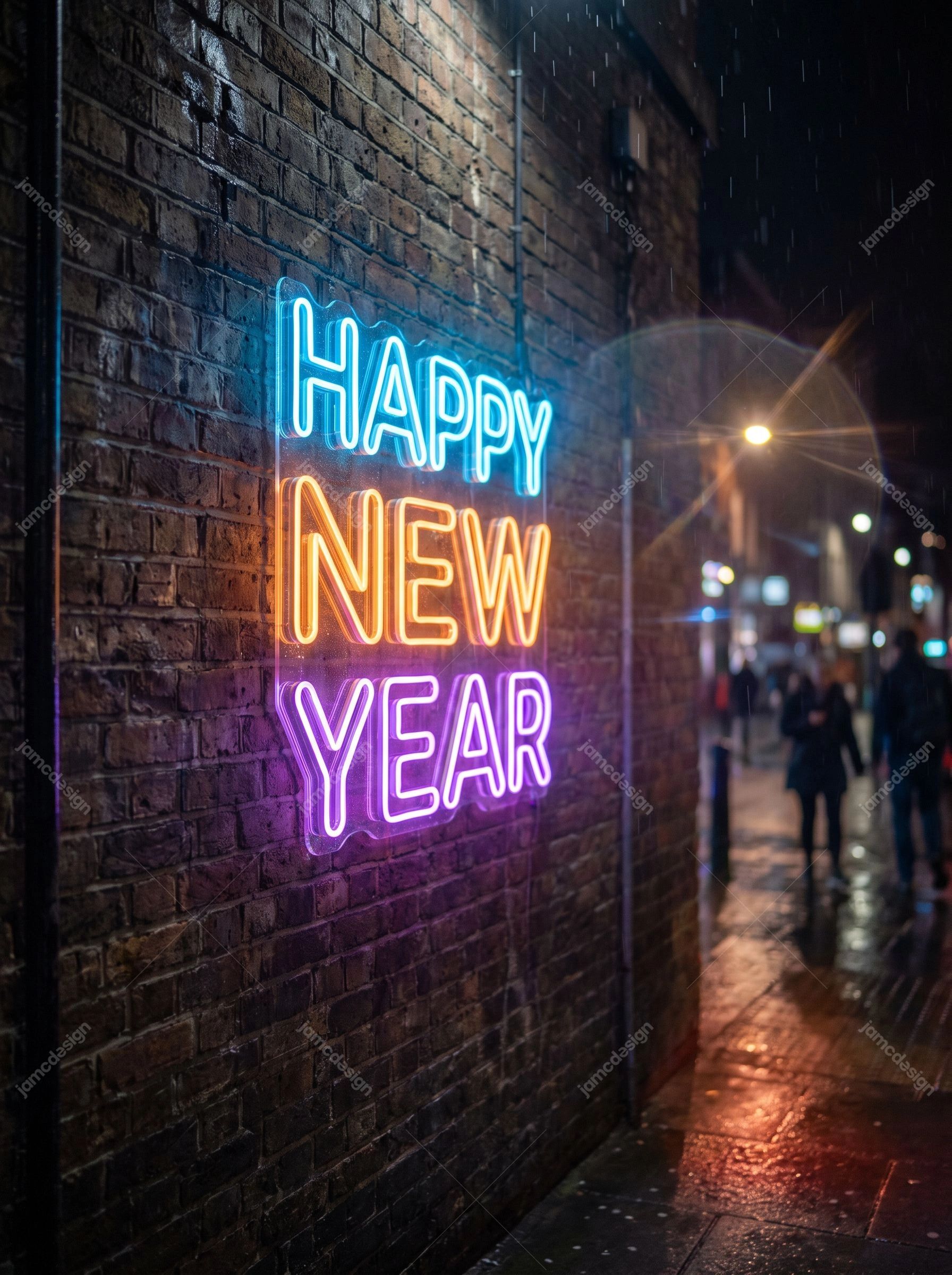 Neon New Year Sign On Wet Brick Wall. JPG photo of a glowing New Year neon sign on a wet brick wall beside a rainy city street