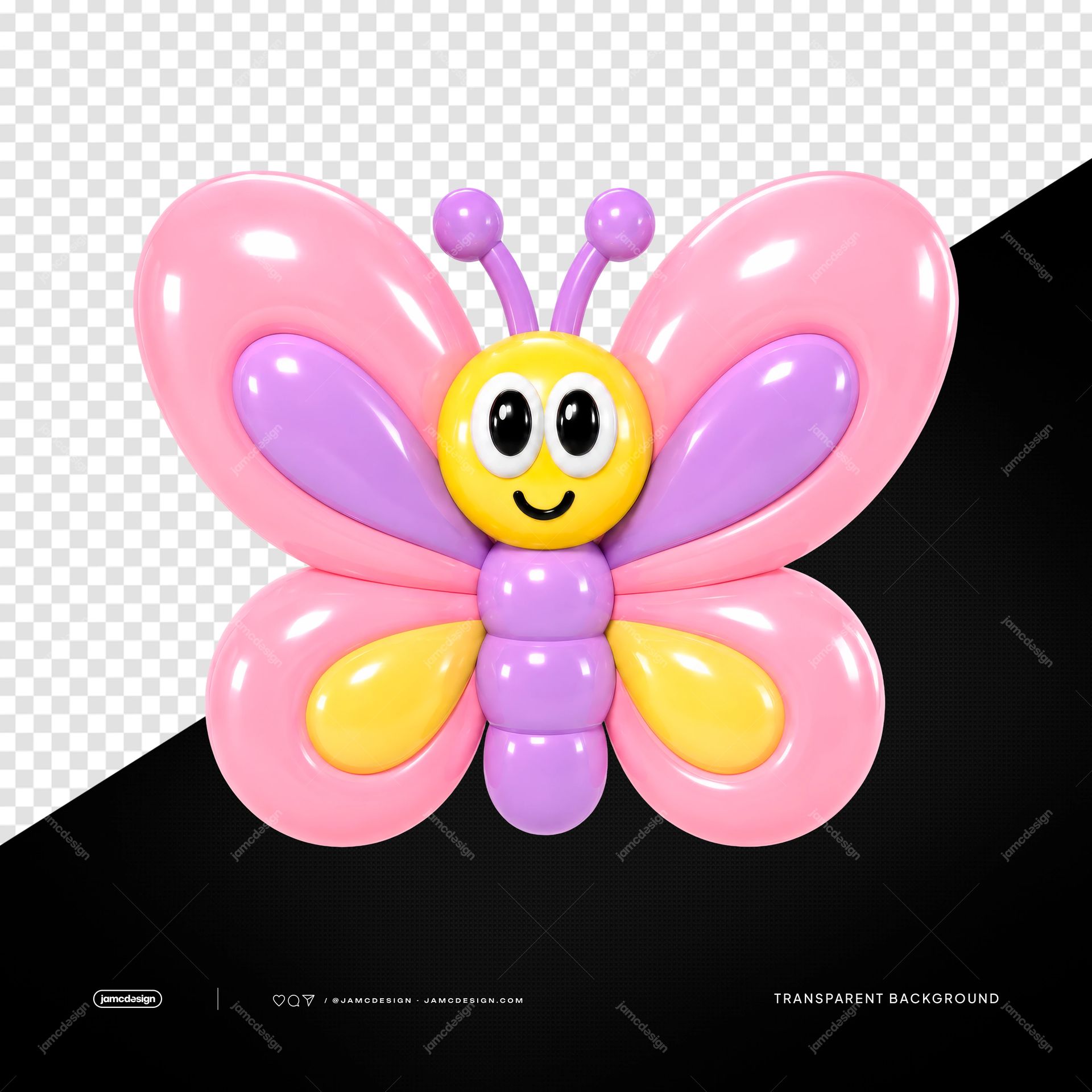 Happy Sun Balloon Character Isolated. PNG transparent object featuring a colorful butterfly character made from glossy balloons, with pink