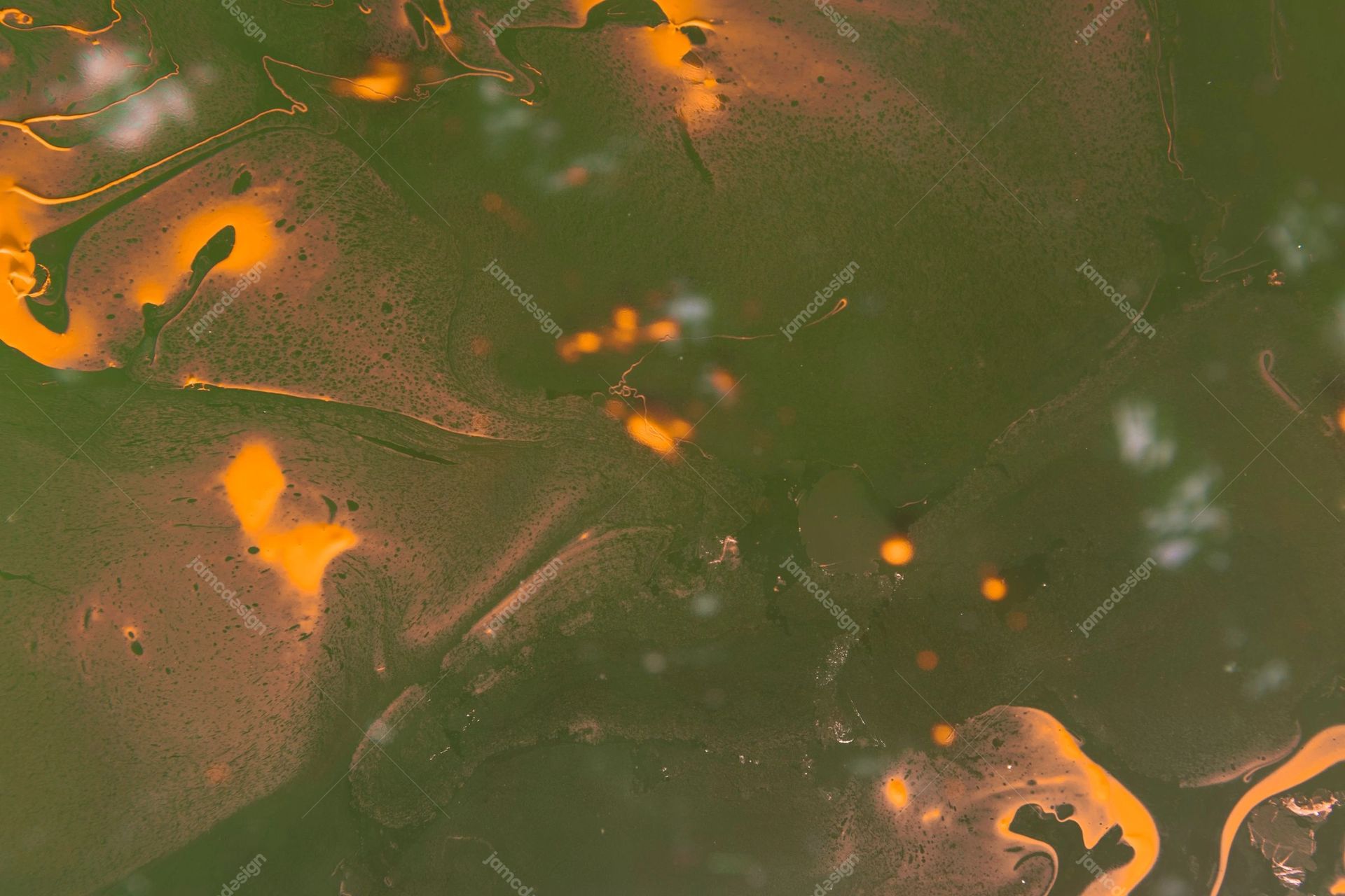 Abstract Green Ink Texture With Amber Swirls. This abstract JPG texture blends moss green ink with amber liquid swirls