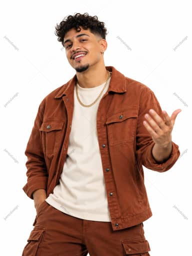 Smiling Man With Curly Hair In Brown Jacket Photo PNG