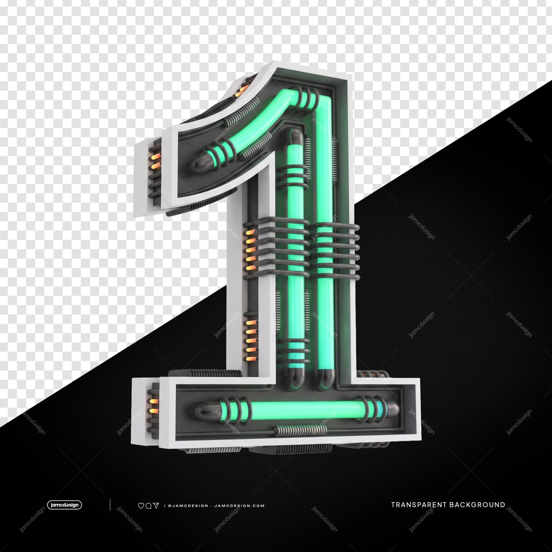 3D Futuristic Industrial Neon Number 1 PNG Transparent Background. 3D rendered neon numeral supplied as a PNG transparent object