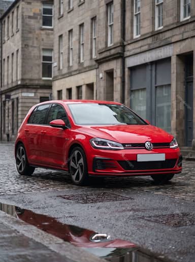 Red Volkswagen Golf GTI On Rainy City Street