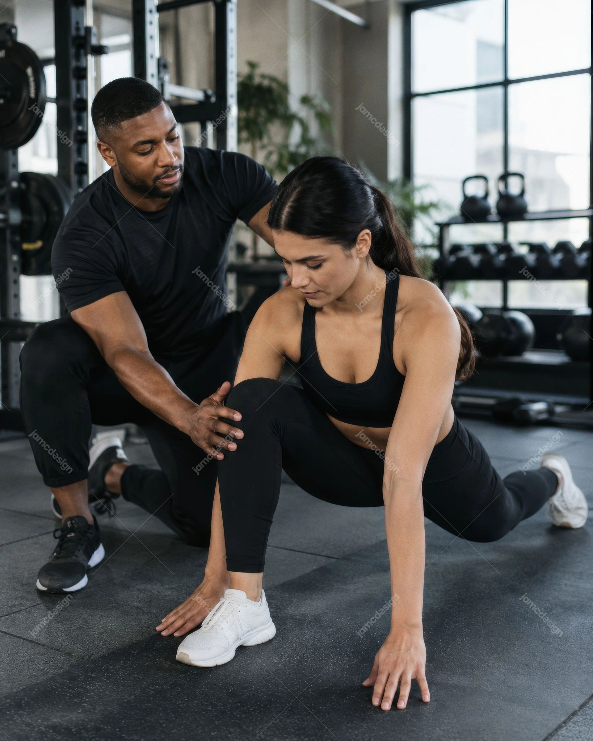 Entrenador Personal Guiando A Una Mujer En El Gimnasio. Foto JPG de un entrenador personal guiando a una mujer durante un entrenamiento en el gimnasio