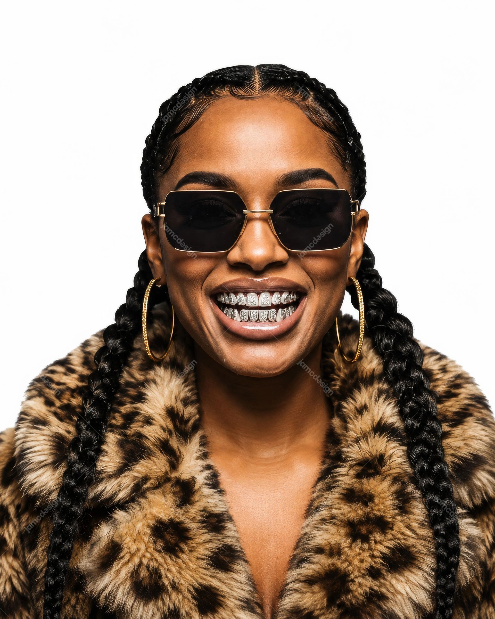 Retrato De Mulher Estilosa Com Tranças E Casaco De Leopardo. Foto JPG de uma mulher sorridente com cabelos trançados, óculos de sol grandes