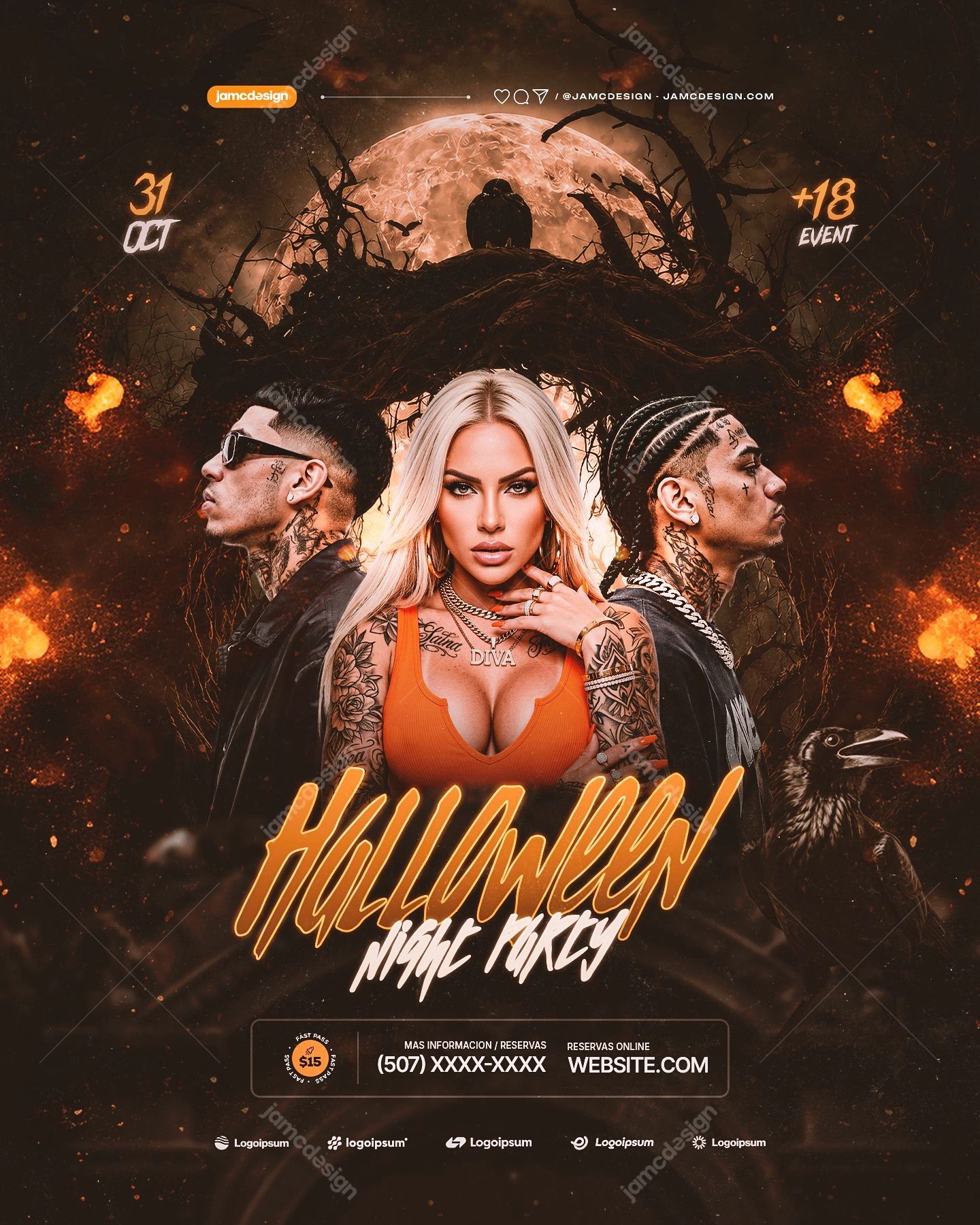 Halloween Party Flyer Template PSD Editable. Editable PSD event flyer for a Halloween night party, featuring three tattooed fashion figures, a full moon