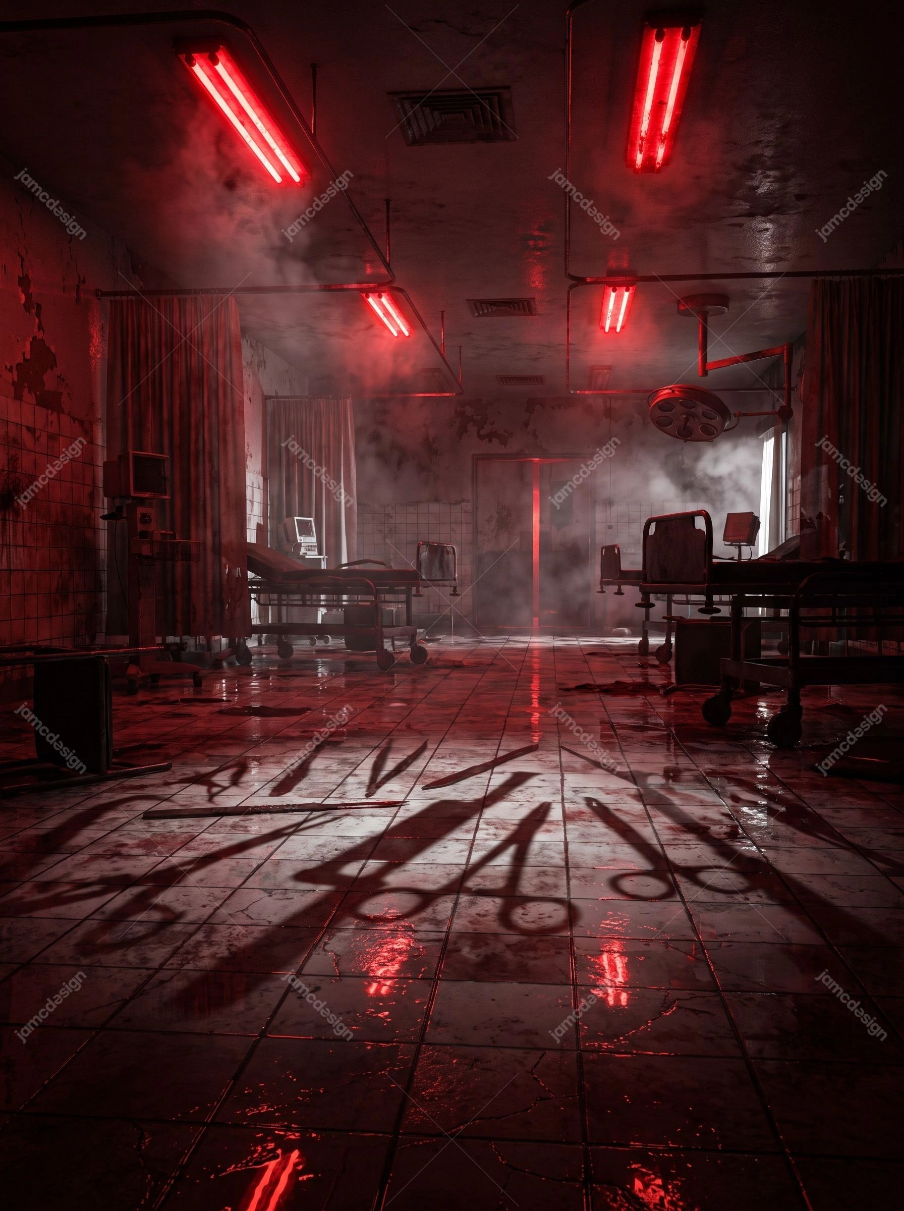 Abandoned Dark Horror Corridor Red Lit Treatment Room Background. This JPG background depicts an abandoned horror corridor or clinical room with peeling