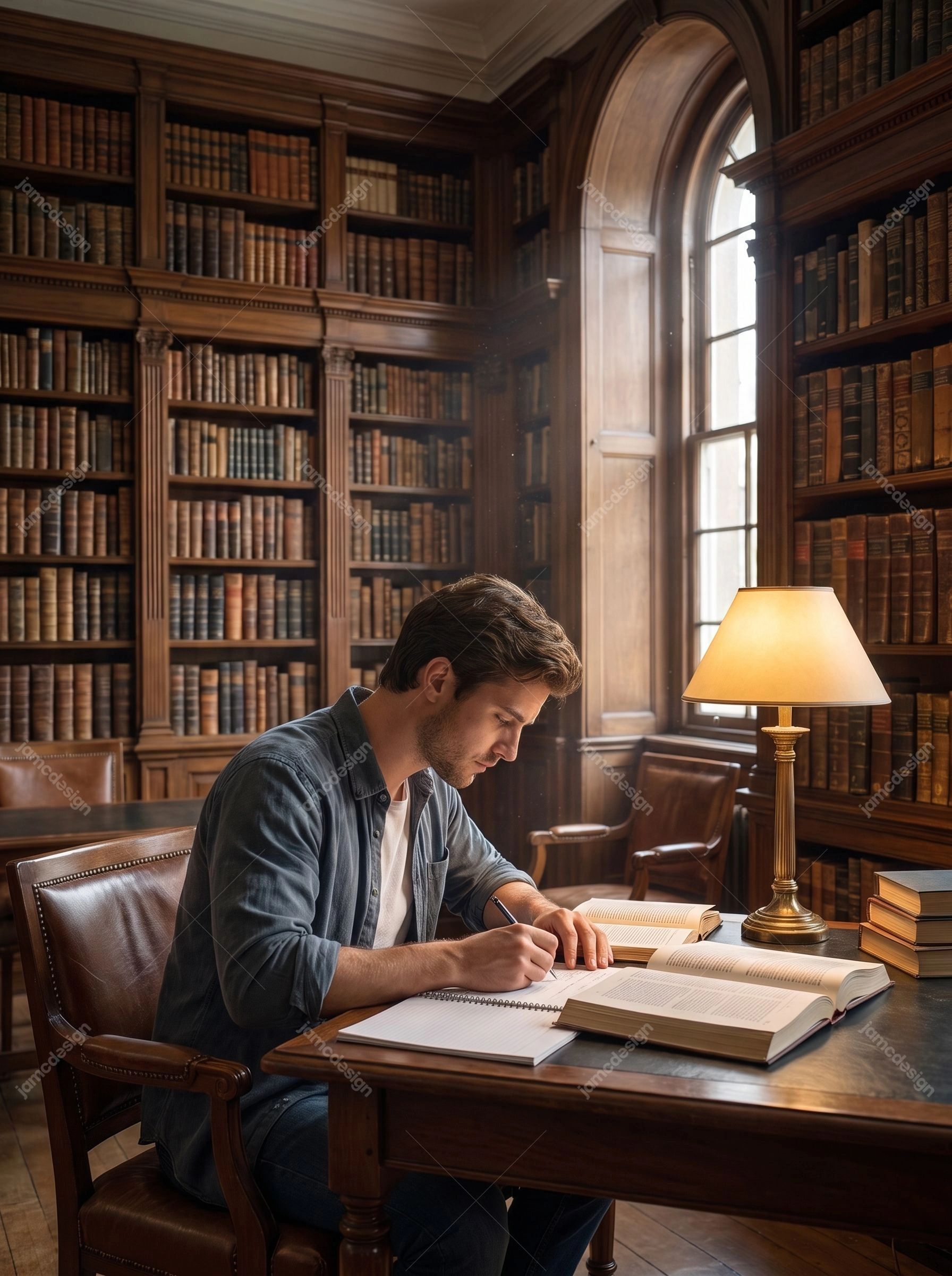 Student Studying With Books In Classic Library. JPG photo of a man studying and writing at a library table, surrounded by bookshelves