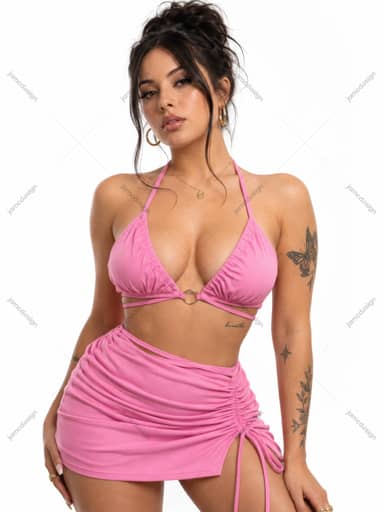 Woman With Tattoos In Pink Crop Top And Skirt Studio Portrait PNG