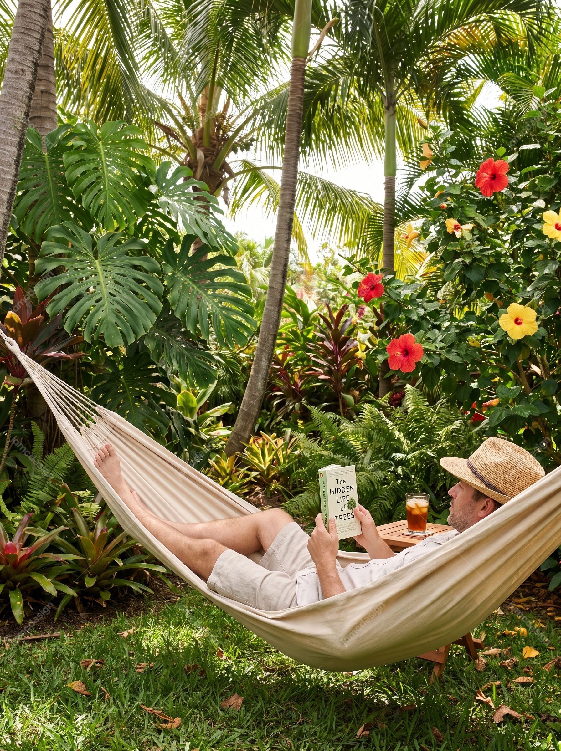 Man Reading Book In Tropical Garden Hammock. JPG photo of a man reading in a hammock surrounded by dense tropical foliage and colorful hibiscus flowers