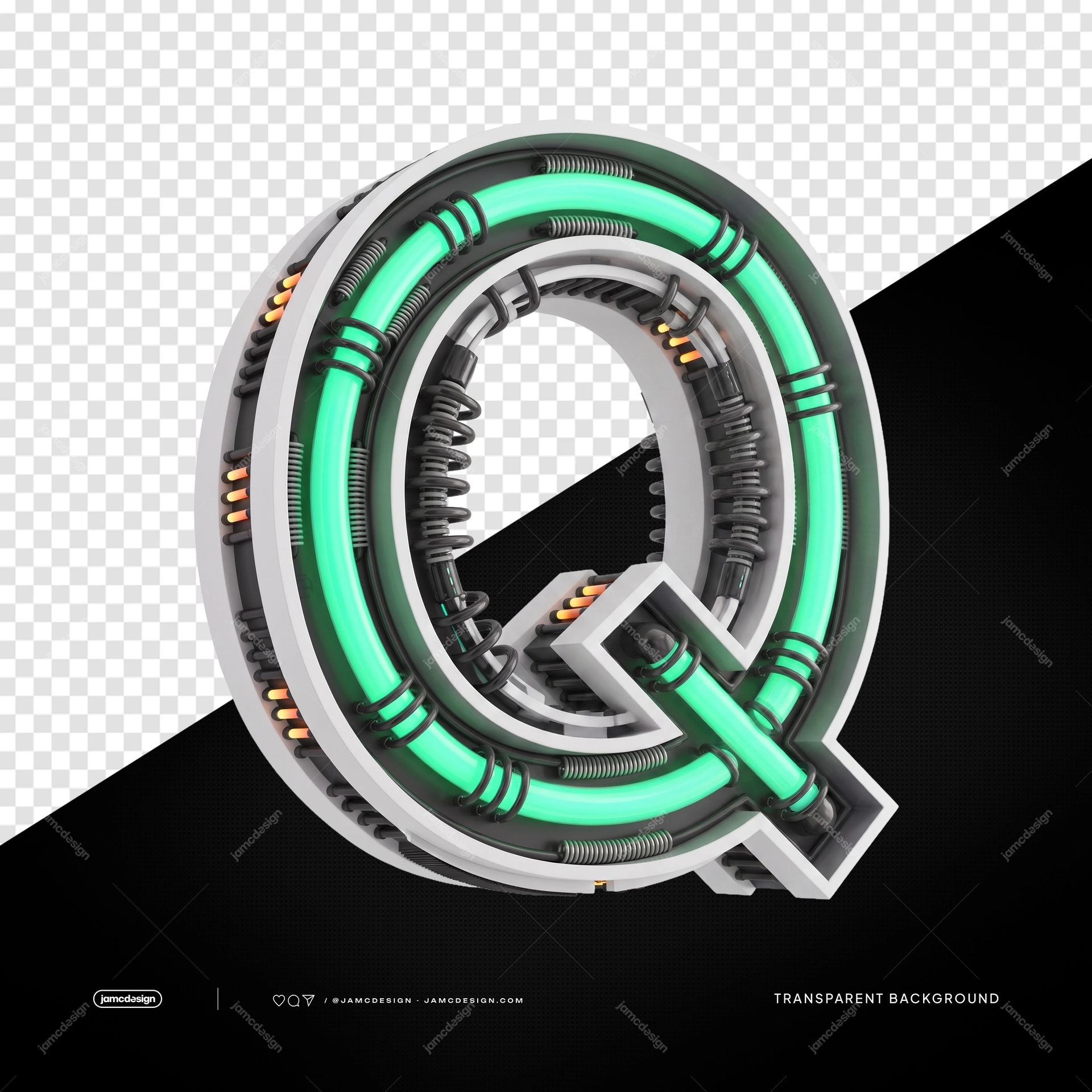 3D Futuristic Industrial Neon Letter Q PNG Transparent Background. 3D futuristic industrial neon letter Q supplied as a PNG with transparent background