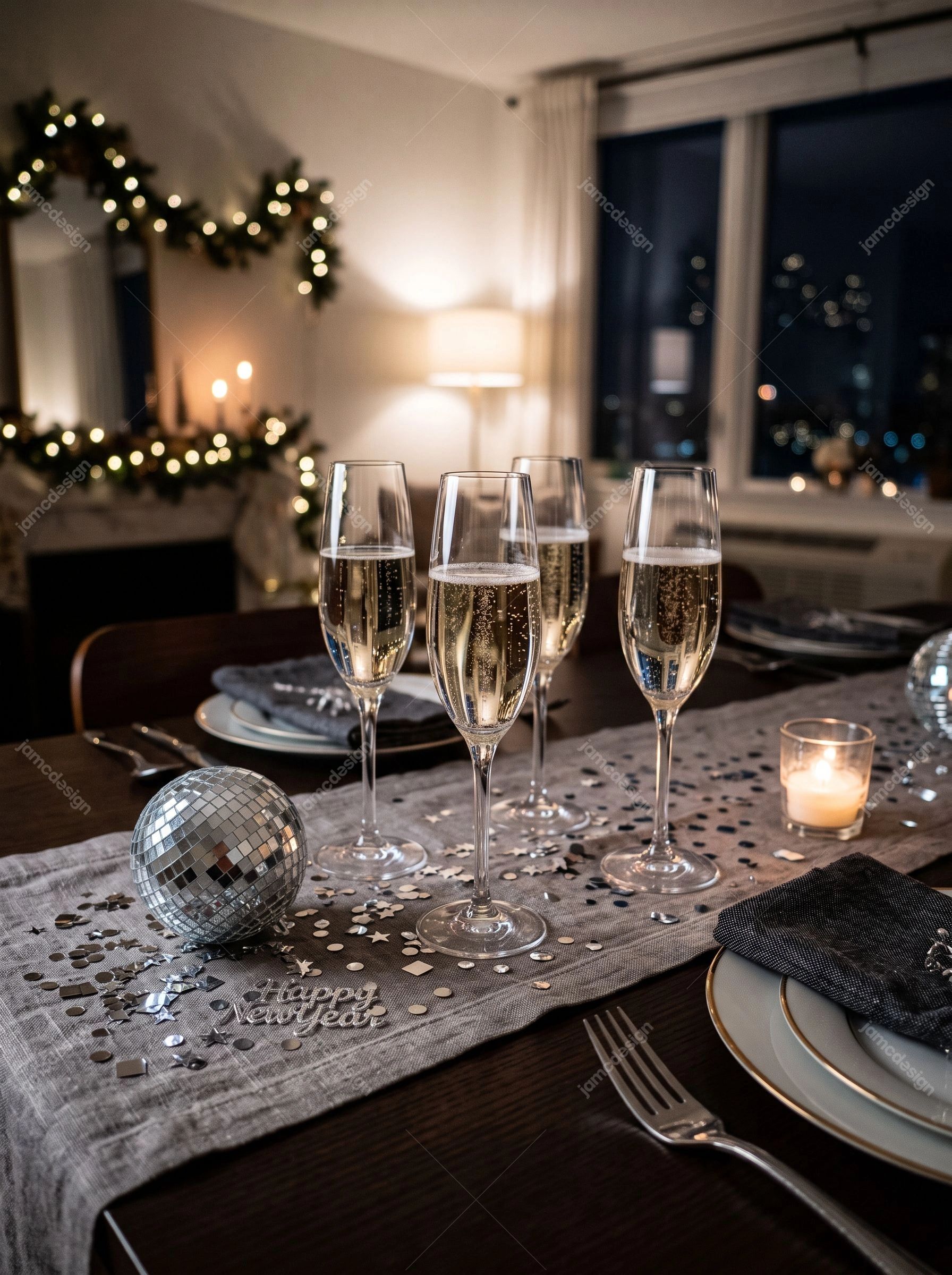 New Year's Eve Dinner Table With Champagne. JPG photo of an elegant New Year's Eve dinner table with champagne flutes, a disco ball