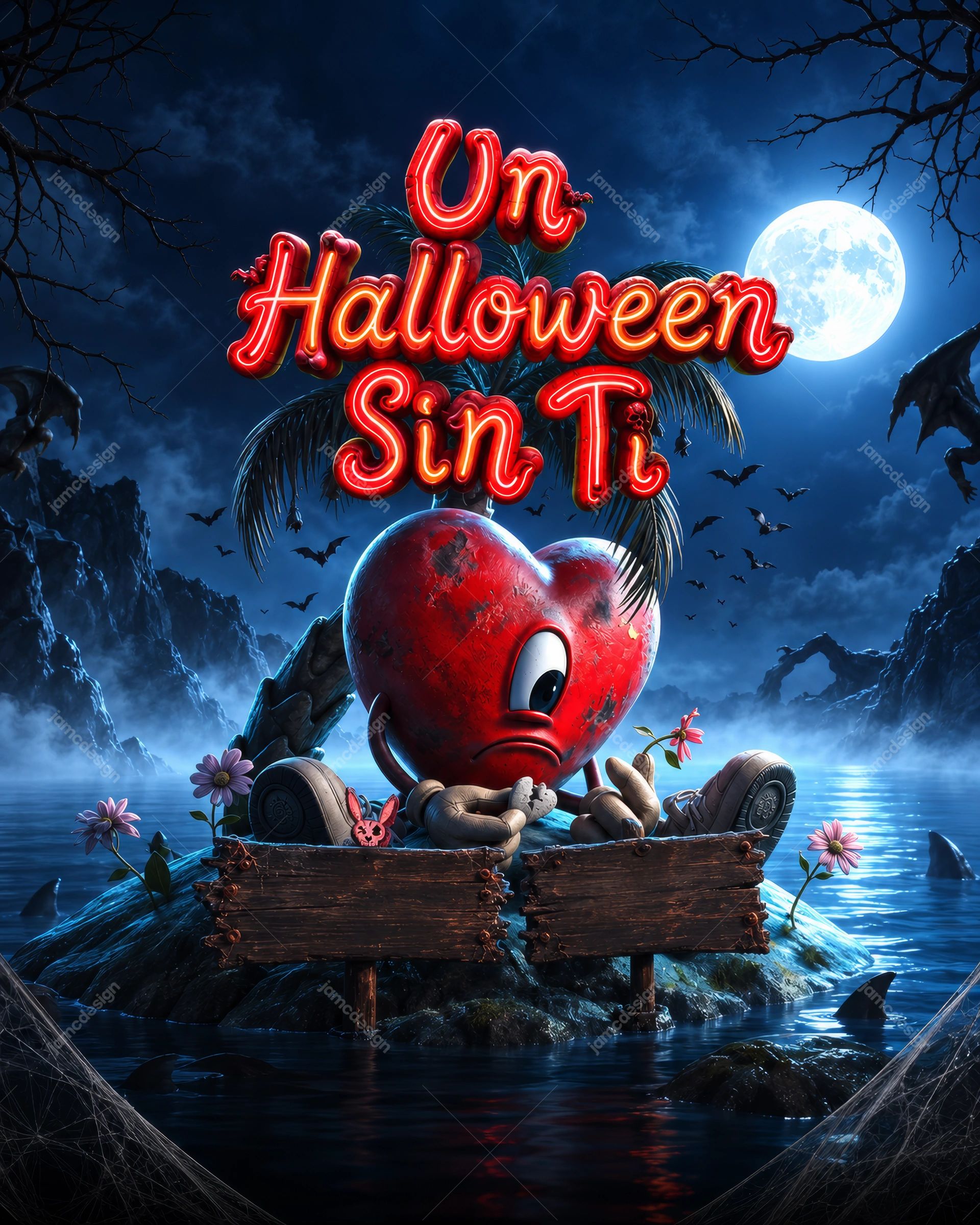 Moonlit Halloween Without You Heart Background. Download this PNG Halloween background featuring a surreal 3D red heart character above a moonlit pool