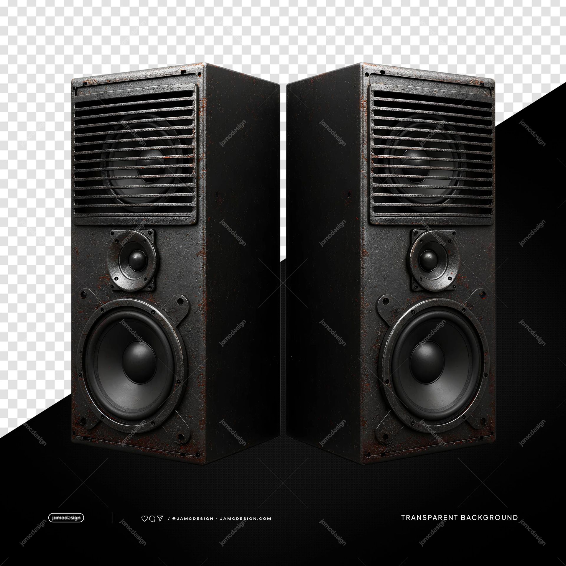 Black Tower Speaker Pair With Grilles Black Speakers PNG Transparent. Realistic PNG transparent object showing a pair of black tower speakers with front