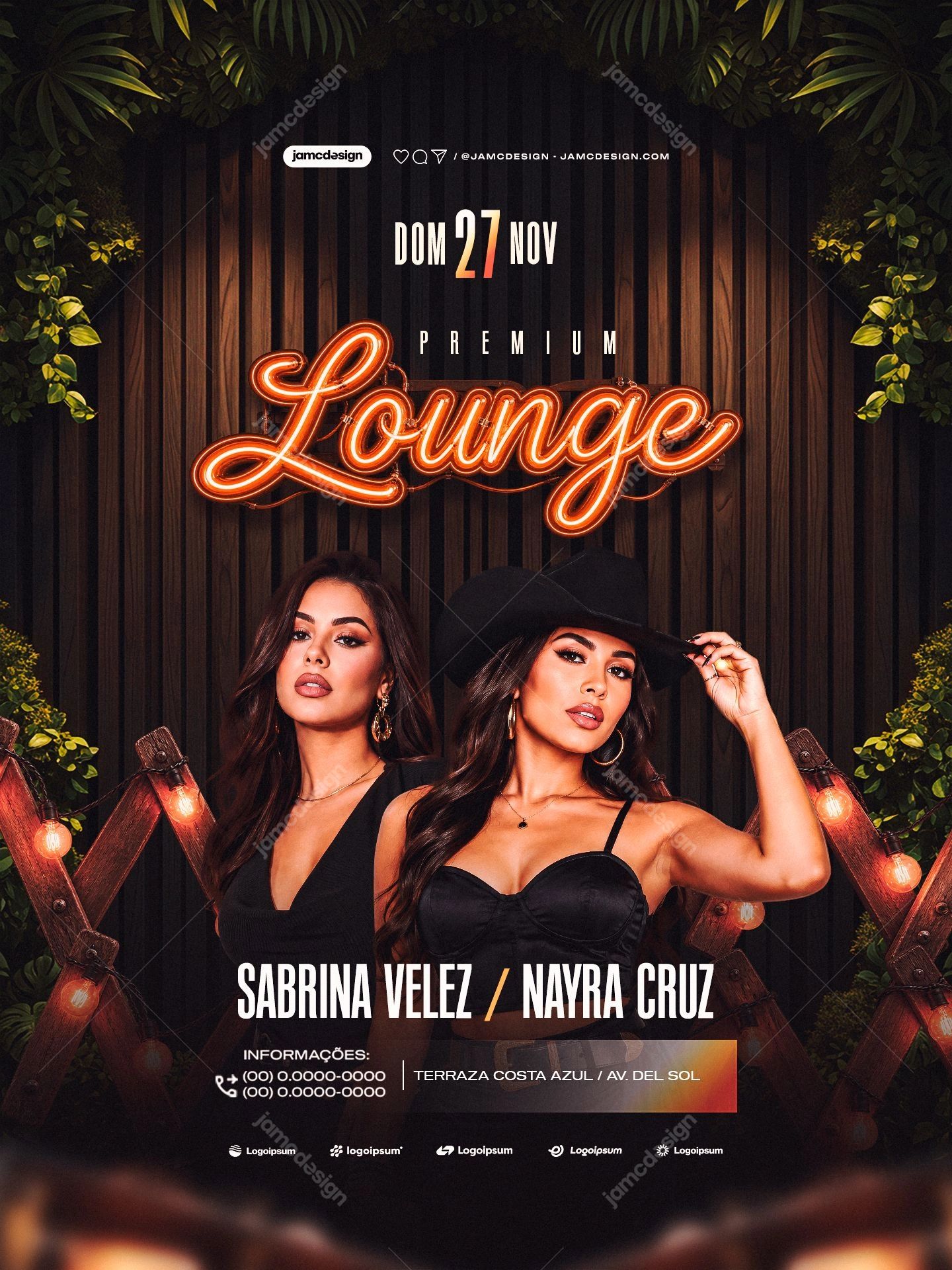 Lounge Event Flyer Template With Greenery PSD. This editable PSD event flyer pairs two women with a dark wood slat backdrop