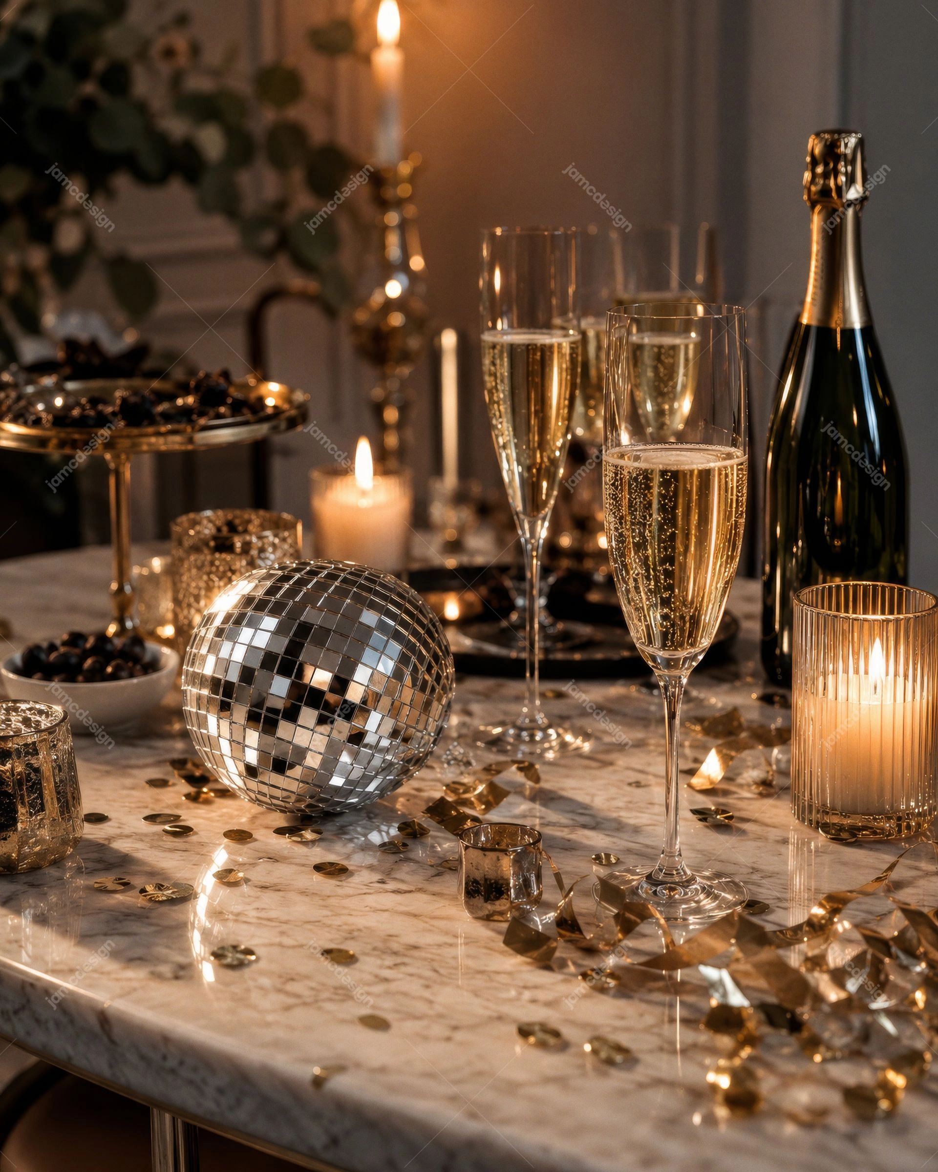 Mesa De Nochevieja Con Champán Y Bola De Discoteca. Esta foto JPG muestra una elegante mesa de celebración con copas de champán, una botella, velas