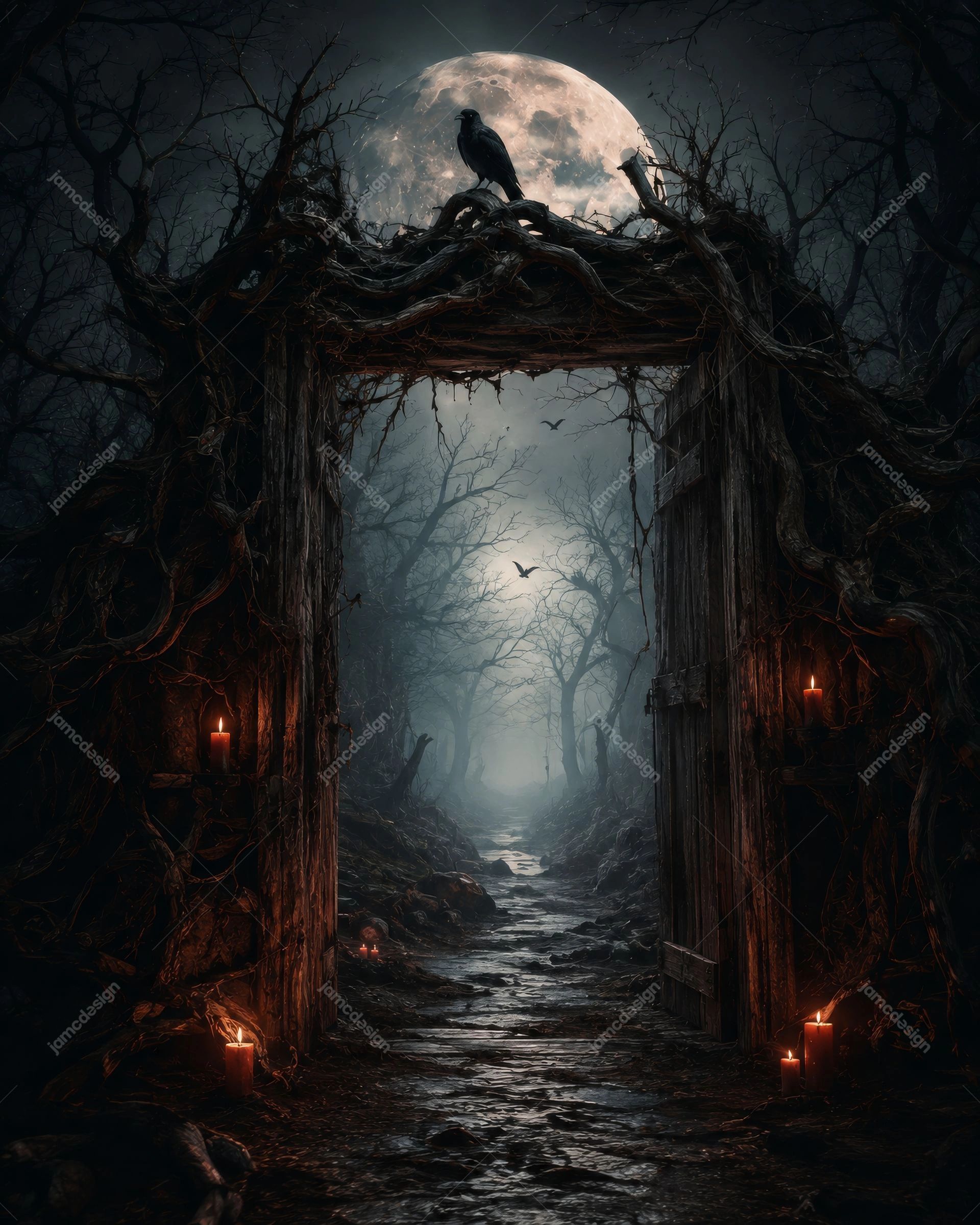 Wooden Forest Door Full Moon Halloween Background. JPG background of a haunted wooden forest gateway beneath a full moon, with twisted trees