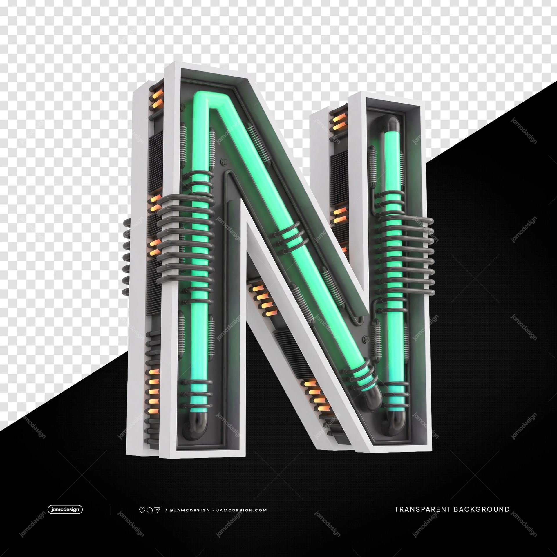 Letra N Néon Industrial Futurista 3D PNG Fundo Transparente. Objeto 3D em PNG de uma letra N em néon industrial sobre fundo transparente