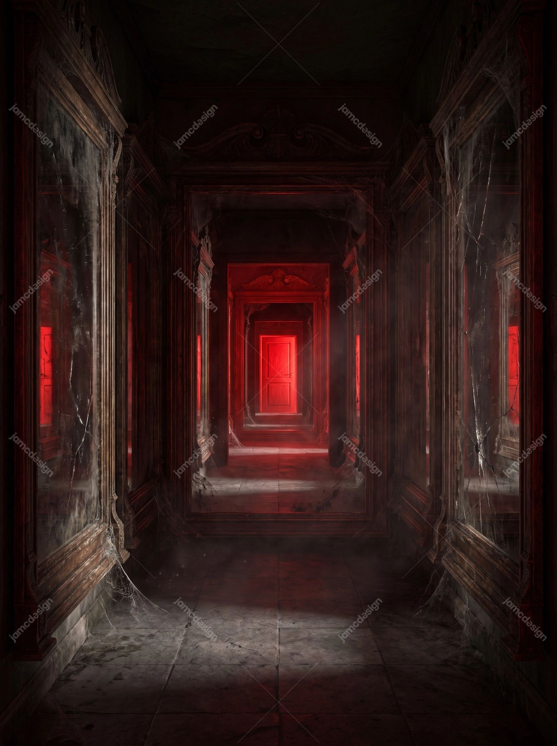 Haunted Mirror Corridor Red Door Dark Wall Panels Background. JPG background showing a haunted architectural corridor with repeating reflective wall