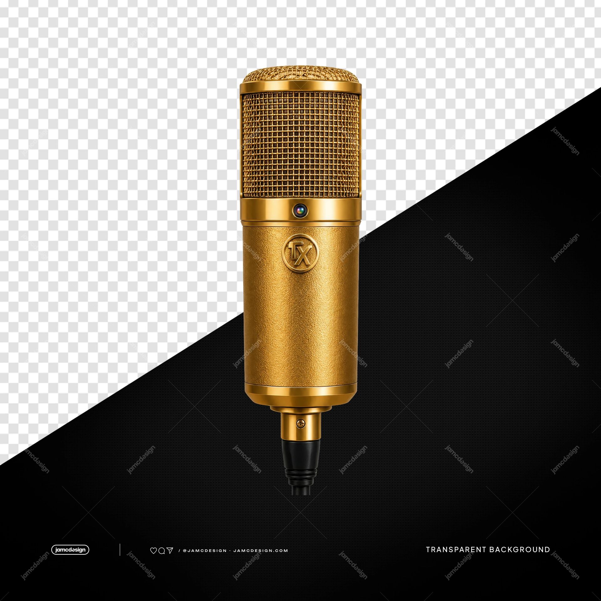 Gold Condenser Microphone With Black Cable PNG Transparent Background. Gold condenser microphone with a black cable, supplied as a PNG transparent object