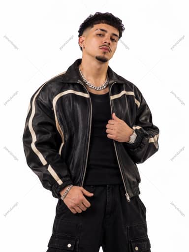 Man In Striped Leather Jacket Studio Portrait PNG