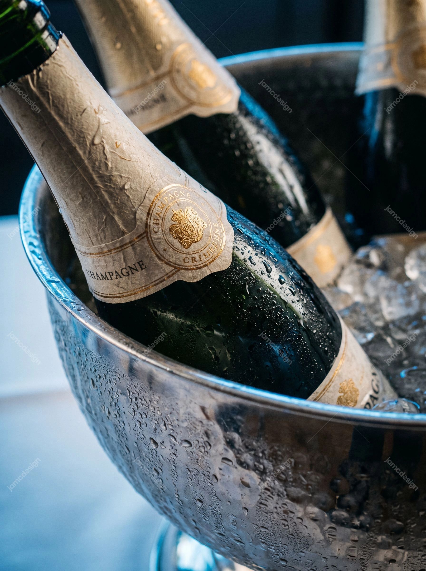 Champagne Bottles Chilling In An Ice Bucket. This JPG photo captures champagne bottles nestled in a metal ice bucket, with chilled condensation