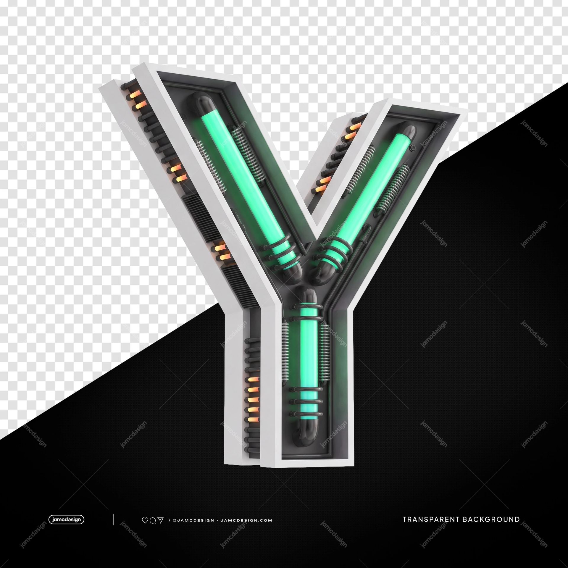 3D Futuristic Industrial Neon Letter Y PNG Transparent Background. 3D letter Y supplied as a transparent PNG