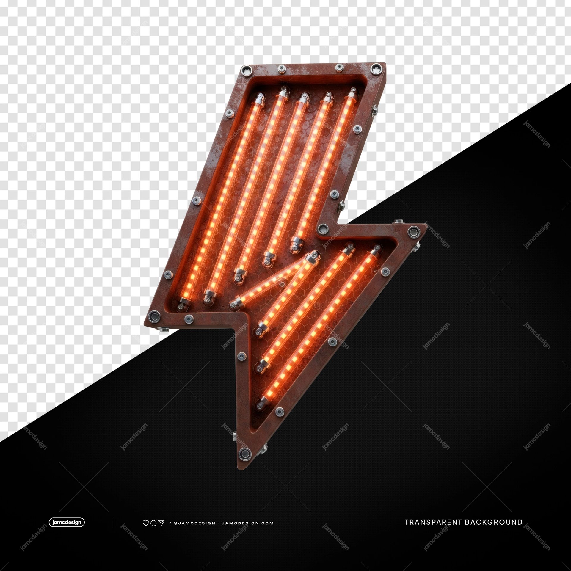 Rusty Orange Glowing Lightning Bolt Transparent Object PNG. Transparent PNG object featuring a rusty metal lightning bolt with bright orange glowing tubes
