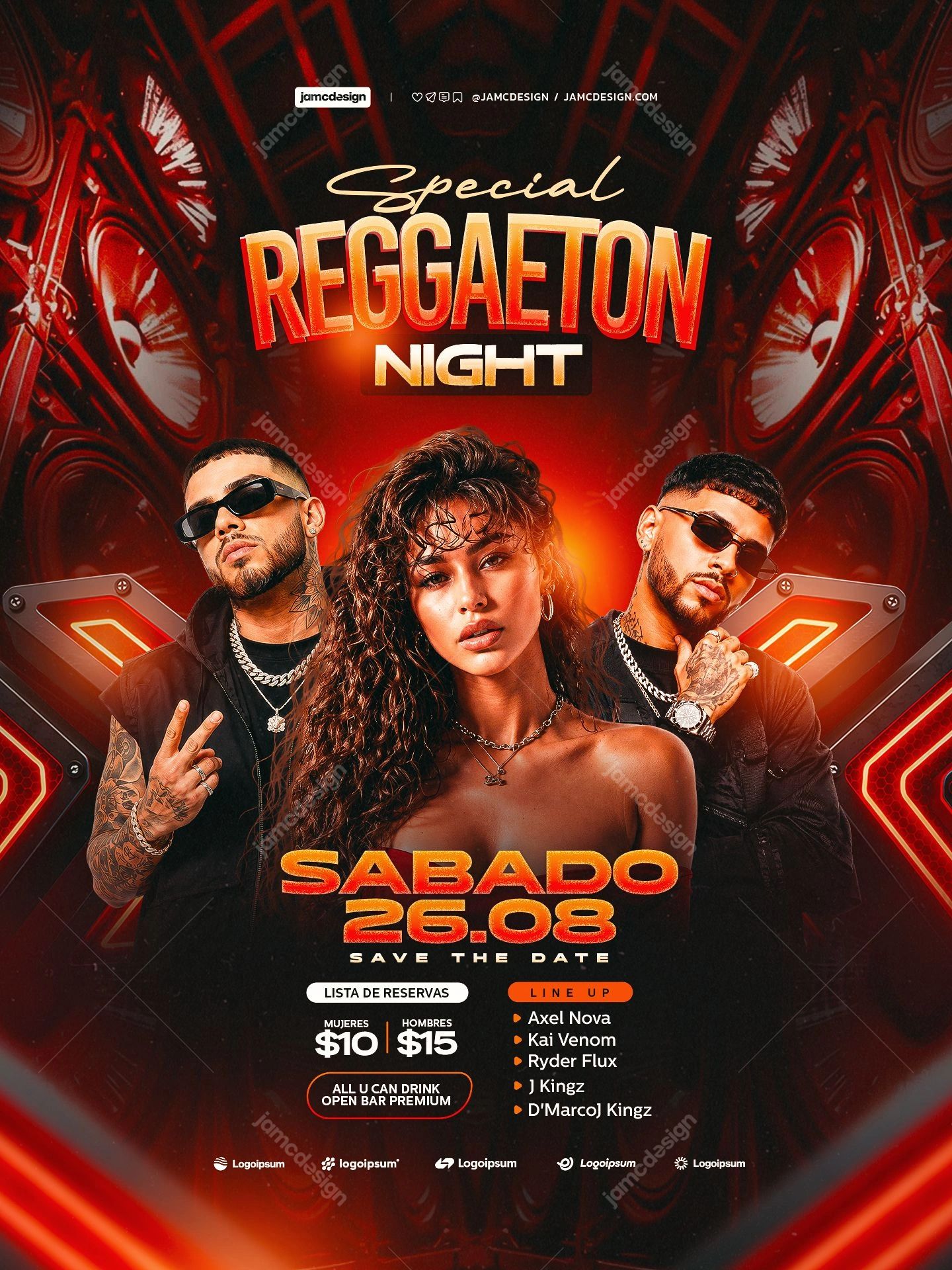Modèle de Flyer de Soirée Reggaeton avec Portrait et Néon Rouge PSD. Flyer d’événement au format PSD modifiable pour une soirée Reggaeton