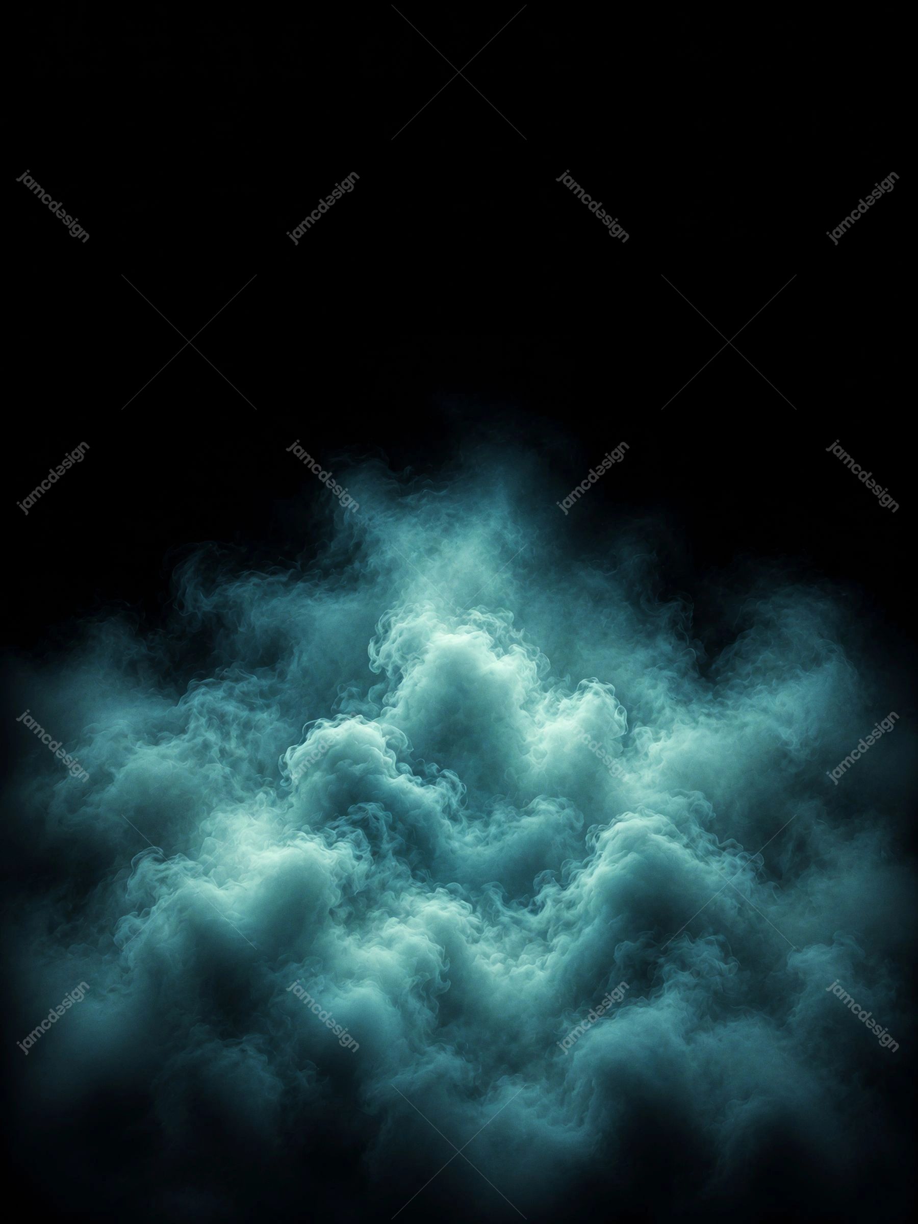 Teal Clouds Abstract Dark Background Vertical Cyan Smoke Glow. JPG overlay texture showing billowing teal smoke clouds glowing against a nearly black
