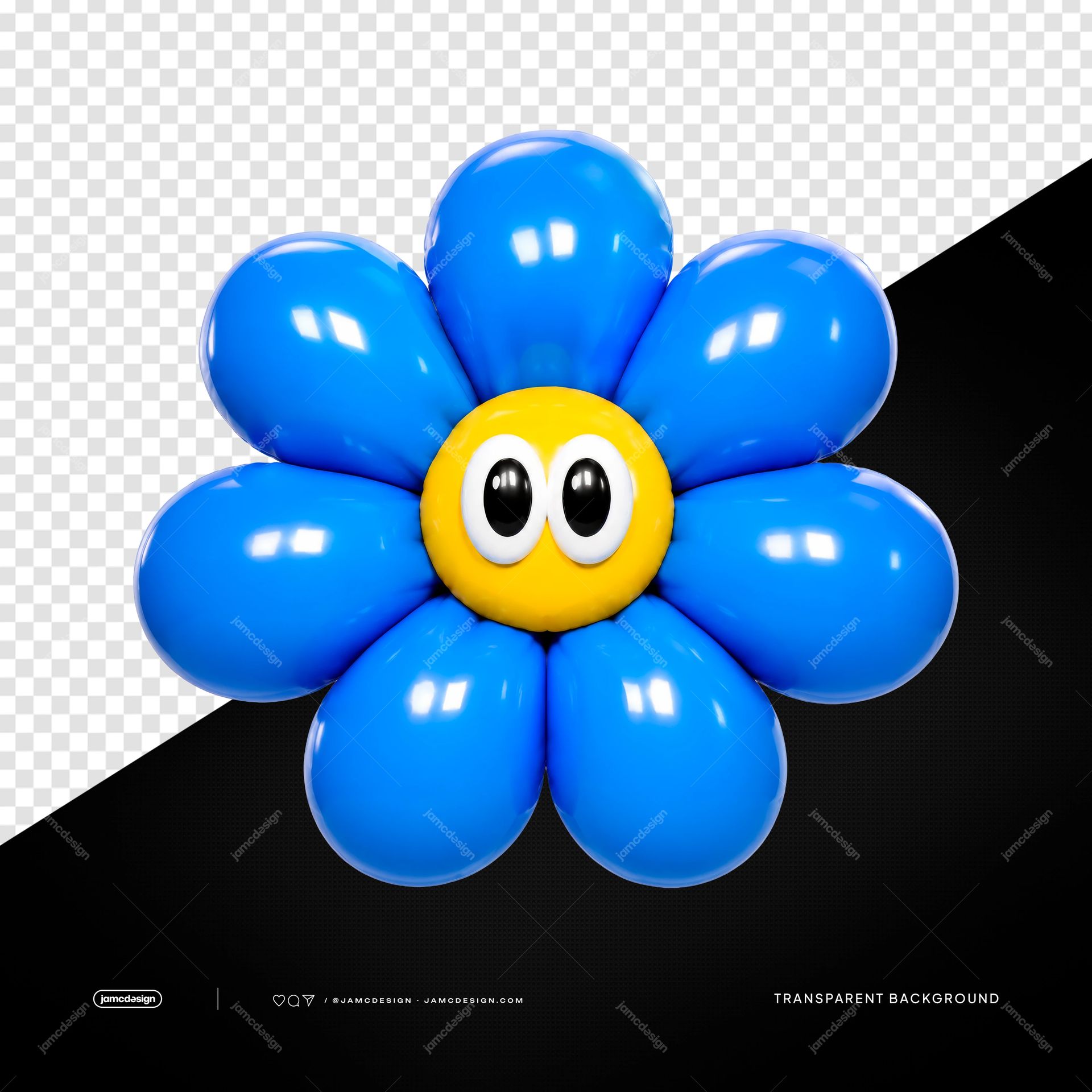 Big Eyed Blue Flower Balloon Isolated. A PNG transparent object featuring a blue flower made from glossy balloons, with a round yellow center and cartoon eyes