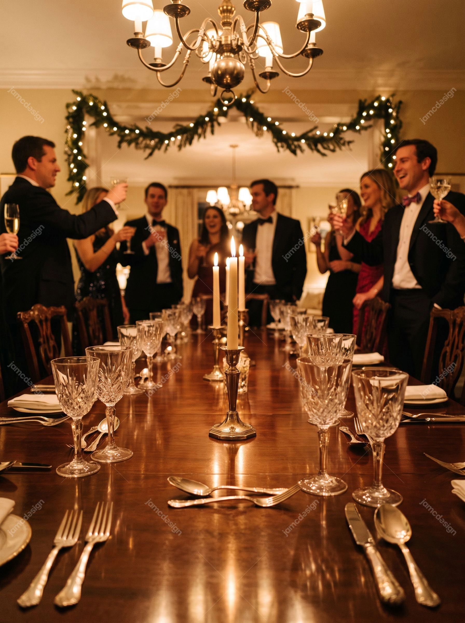 New Year's Eve Dinner Party With Candlelight. Download this JPG photo of people raising glasses around an elegant candlelit dinner table