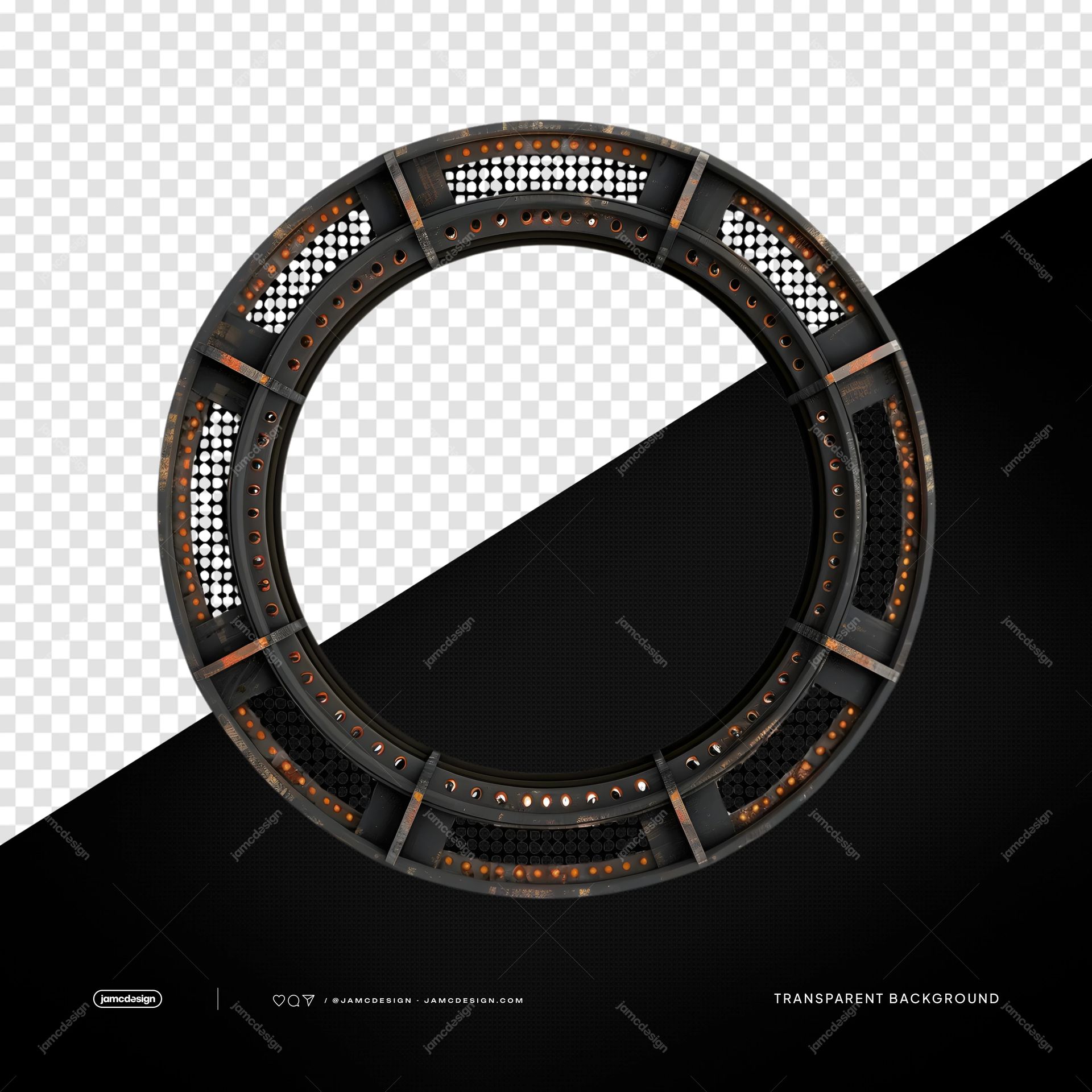 Cadre Métallique Circulaire Industriel Avec Lumières Orange PNG. Téléchargez cet objet PNG transparent représentant un cadre métallique circulaire industriel